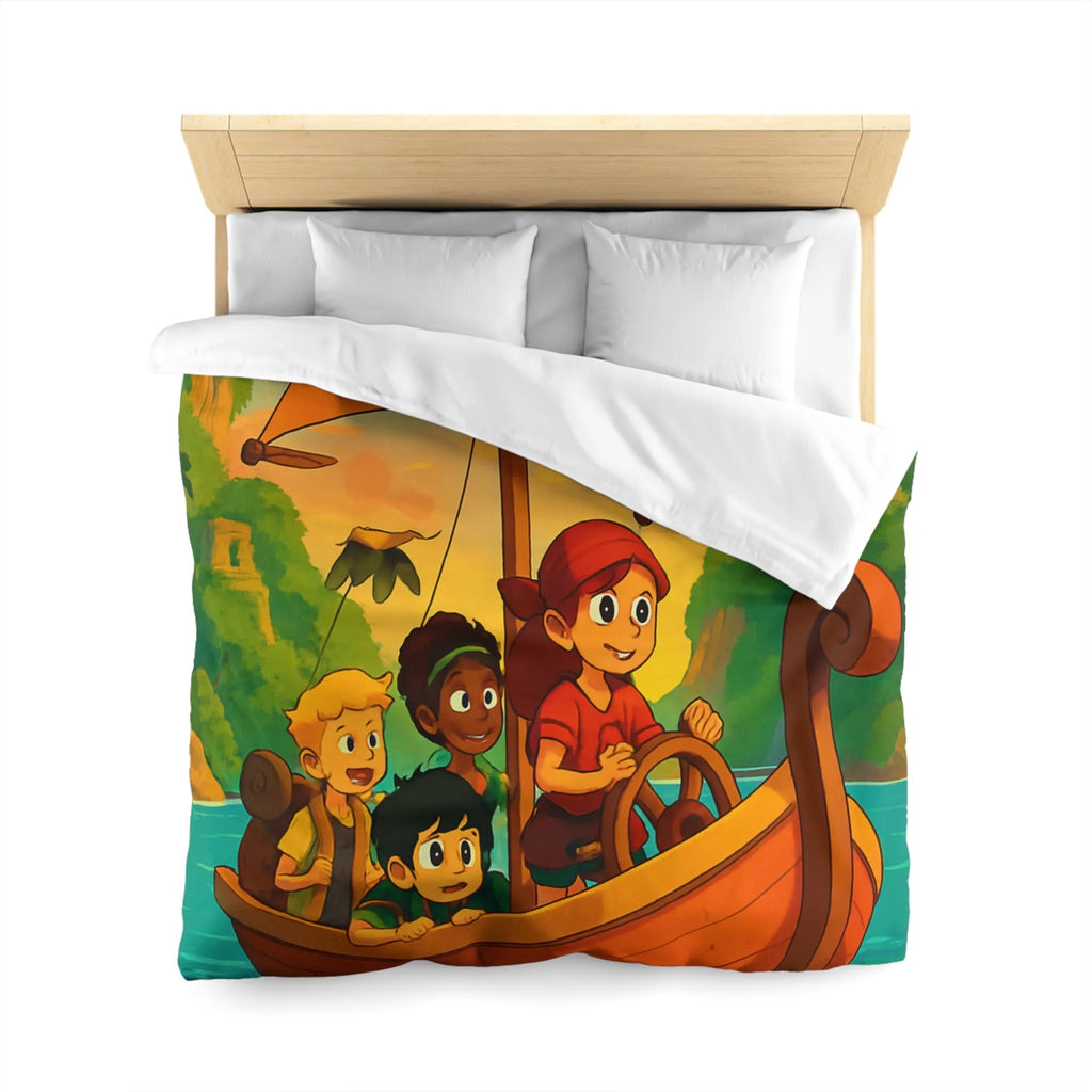 Housse de couette enfantine avec bateau, amis et animaux marins, ambiance tropicale vive