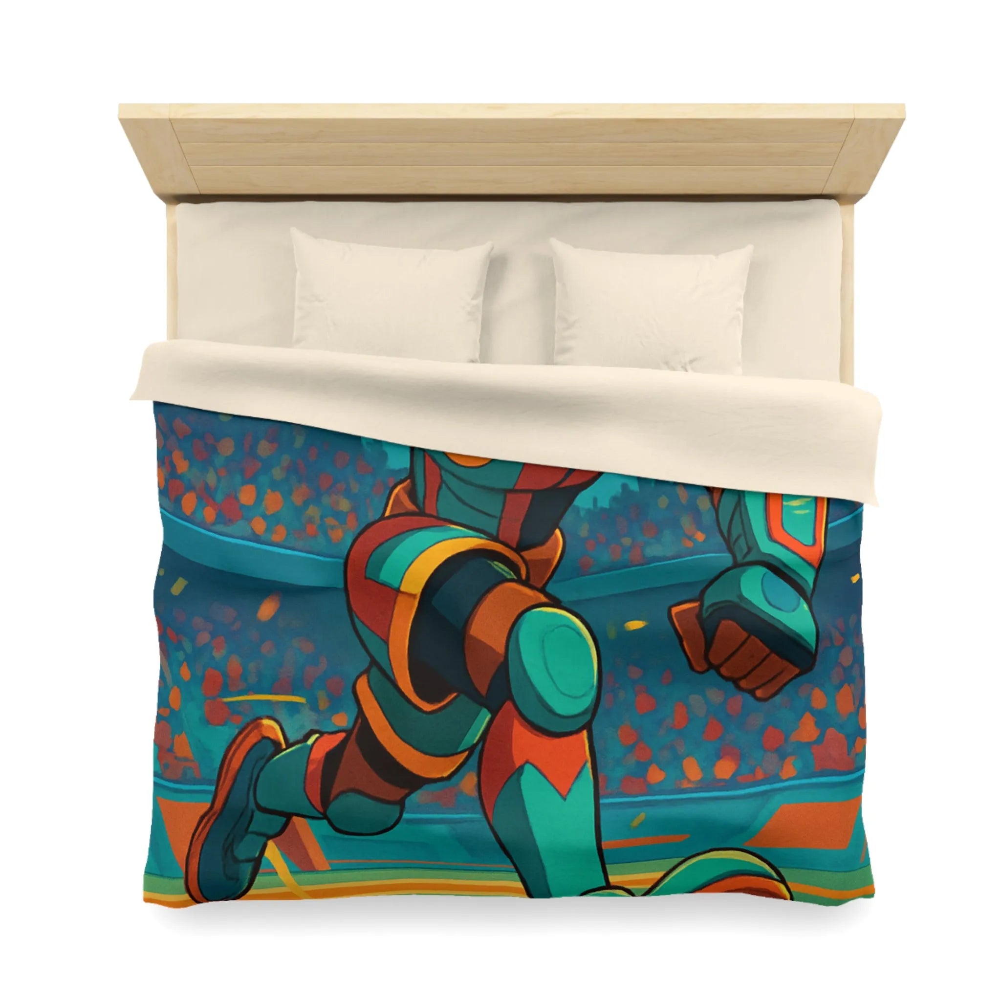 Housse de couette colorée avec joueur futuriste en action dans un stade dynamique