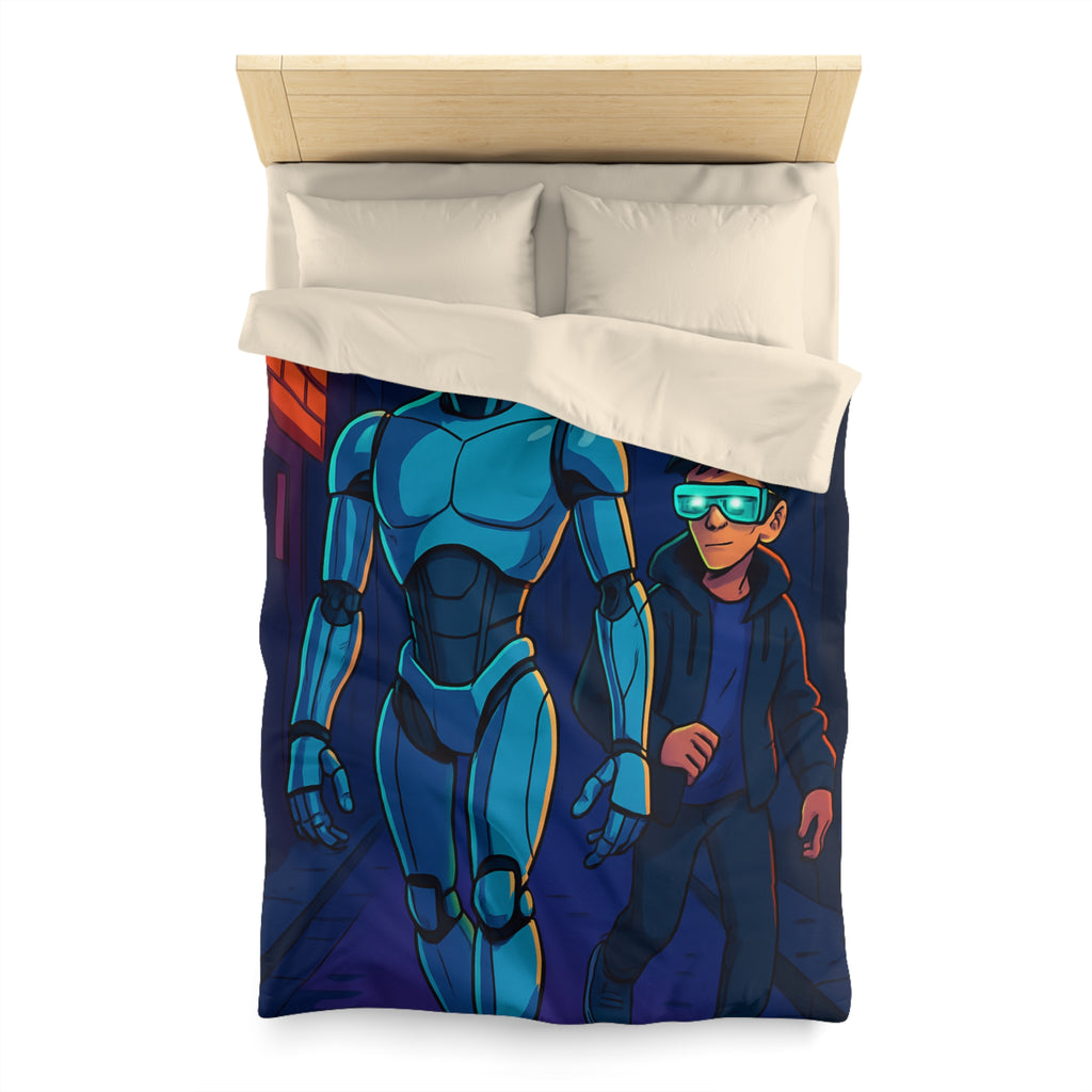 Housse de couette moderne avec illustration néon de robot et jeune avec lunettes lumineuses