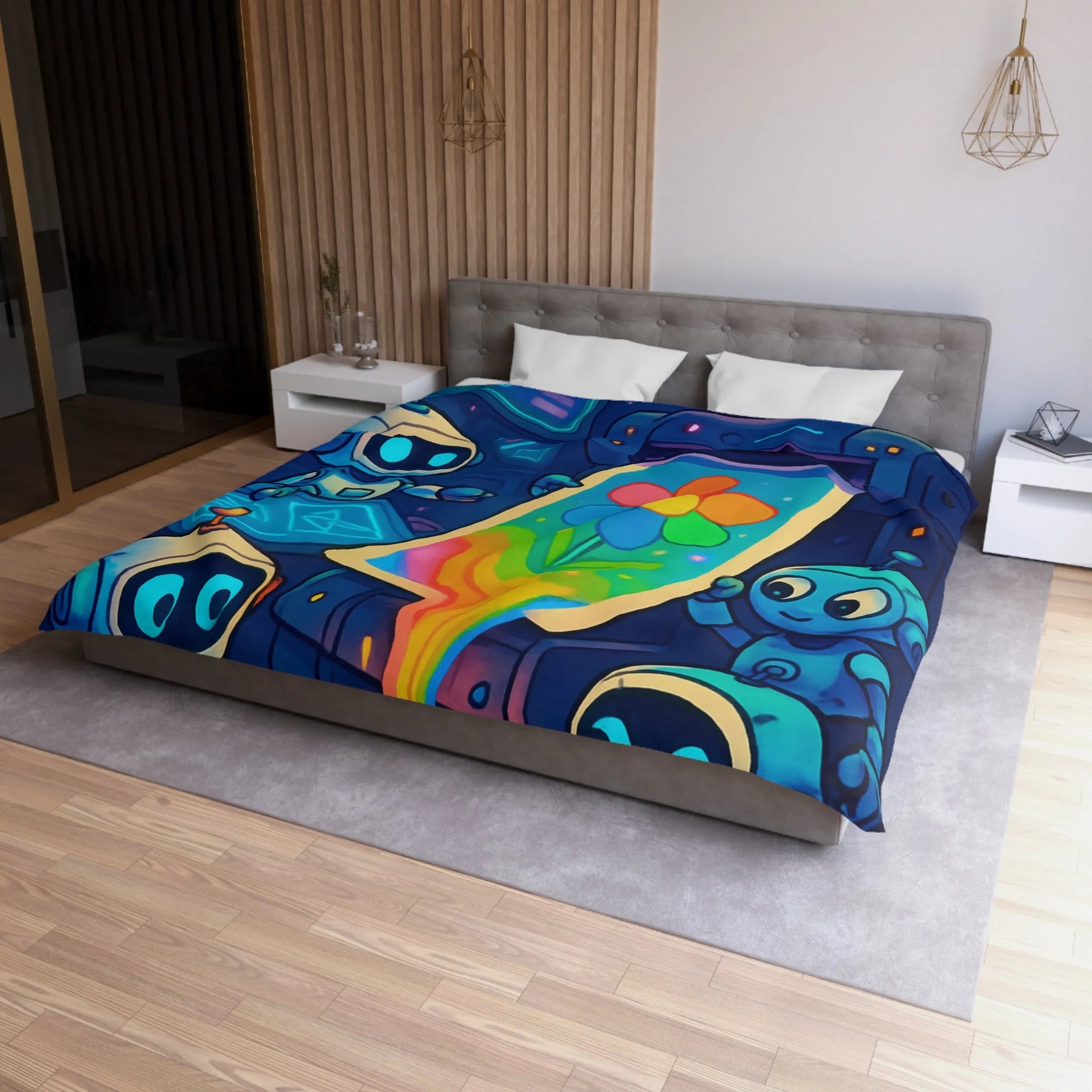 Drôles de robots imprimant une fleur colorée dans un atelier futuriste lumineux