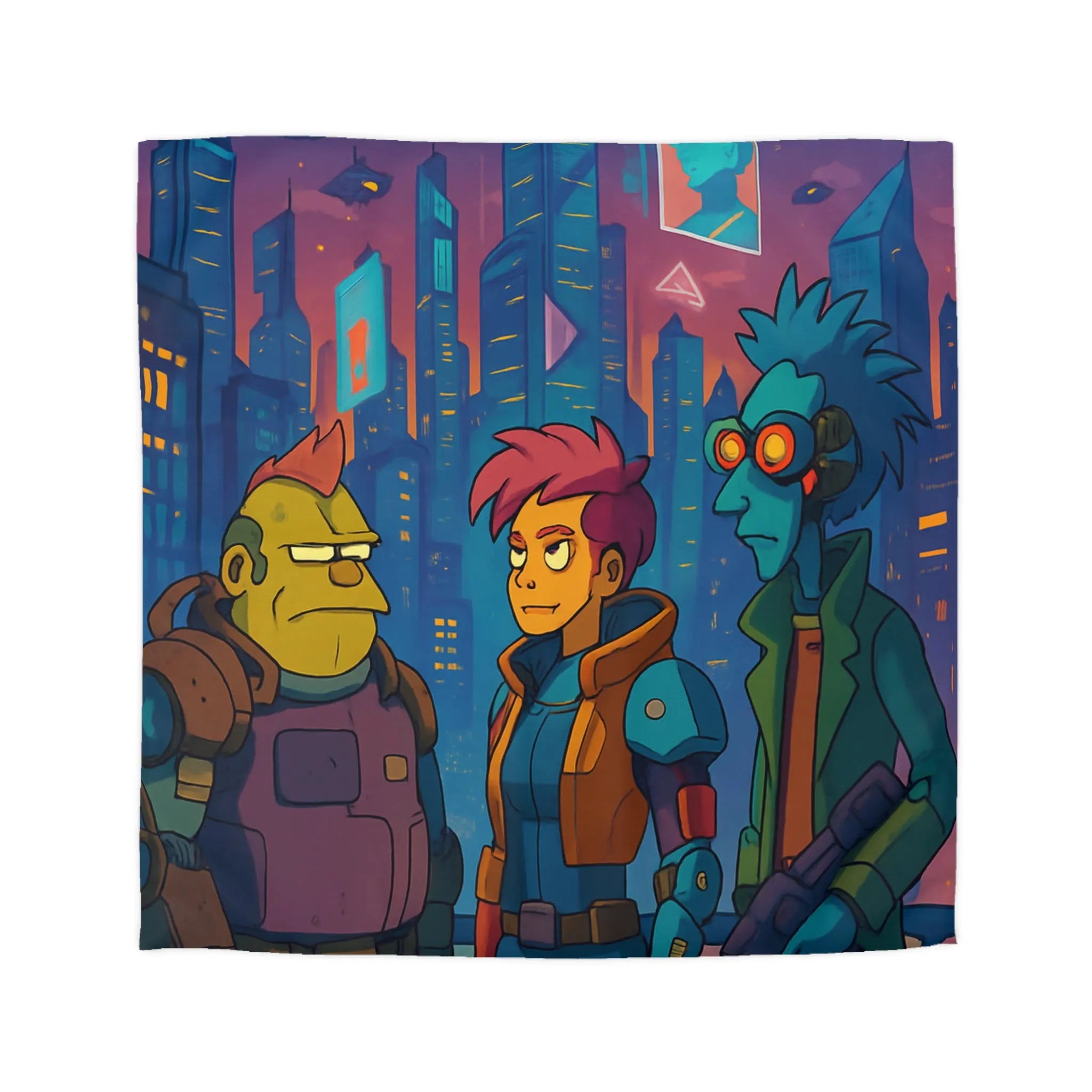 Housse de couette futuriste néon, personnages de science-fiction devant une ville cyberpunk