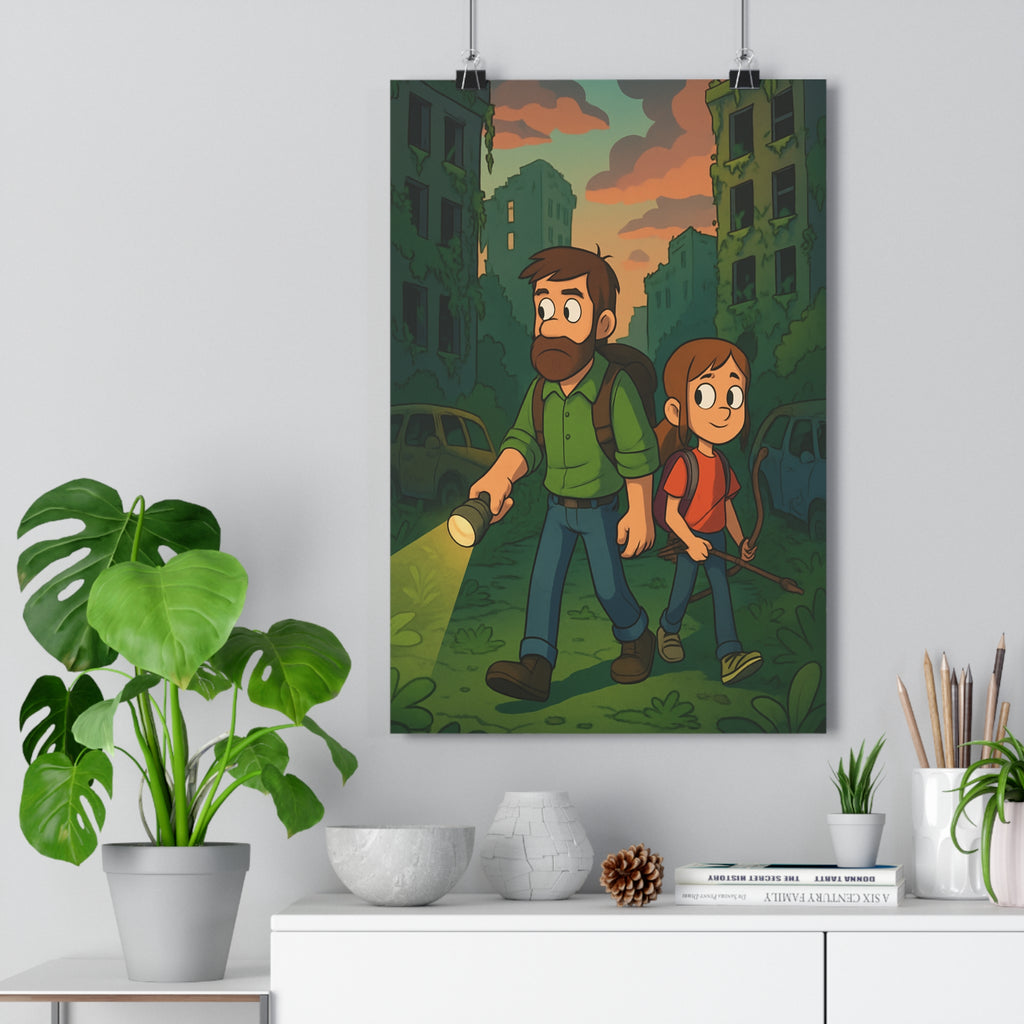 Poster décoratif personnages cartoon postapocalyptique vert marron salon chambre aventure ambiance unique 30x46 qualité