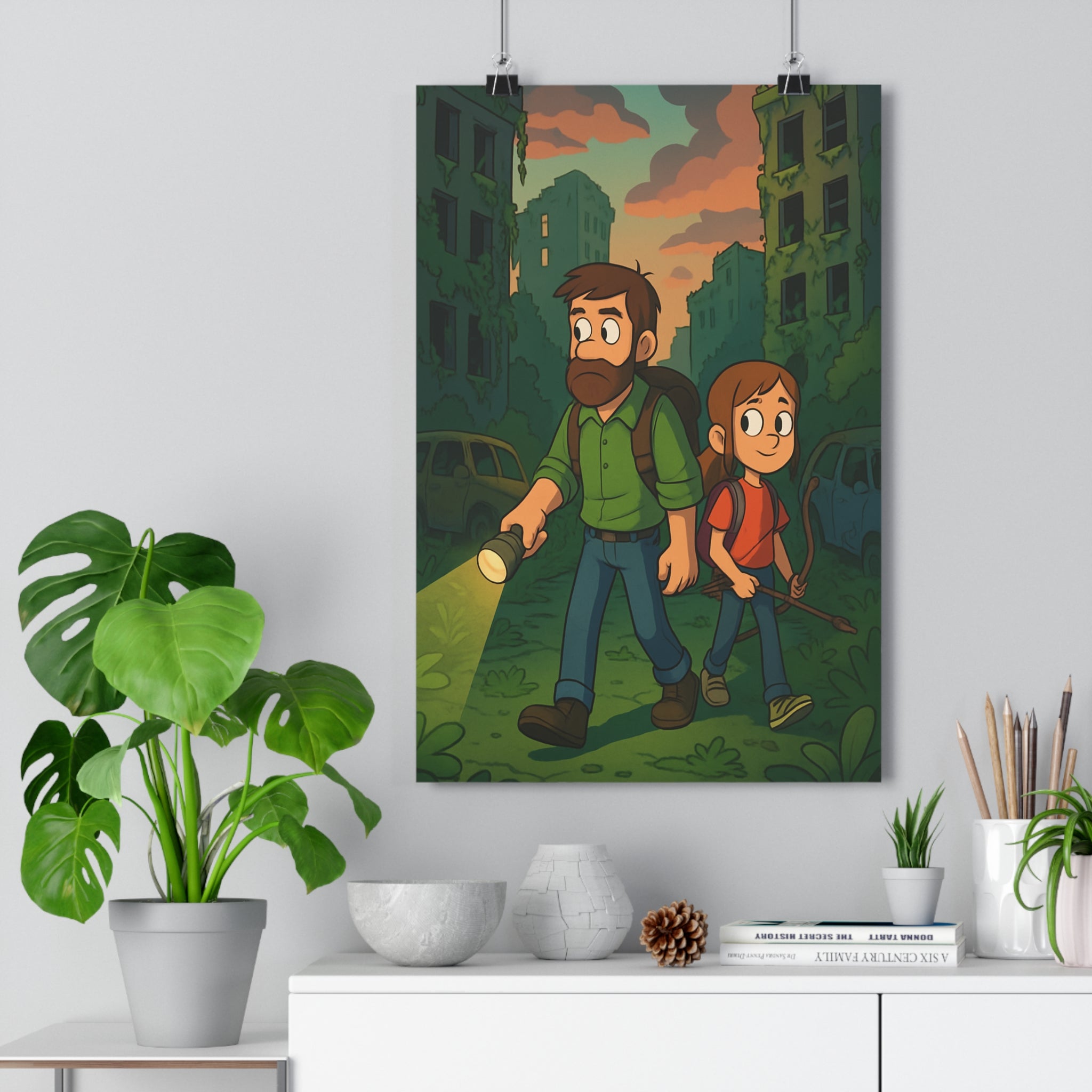 Poster décoratif personnages cartoon postapocalyptique vert marron salon chambre aventure ambiance unique 30x46 qualité