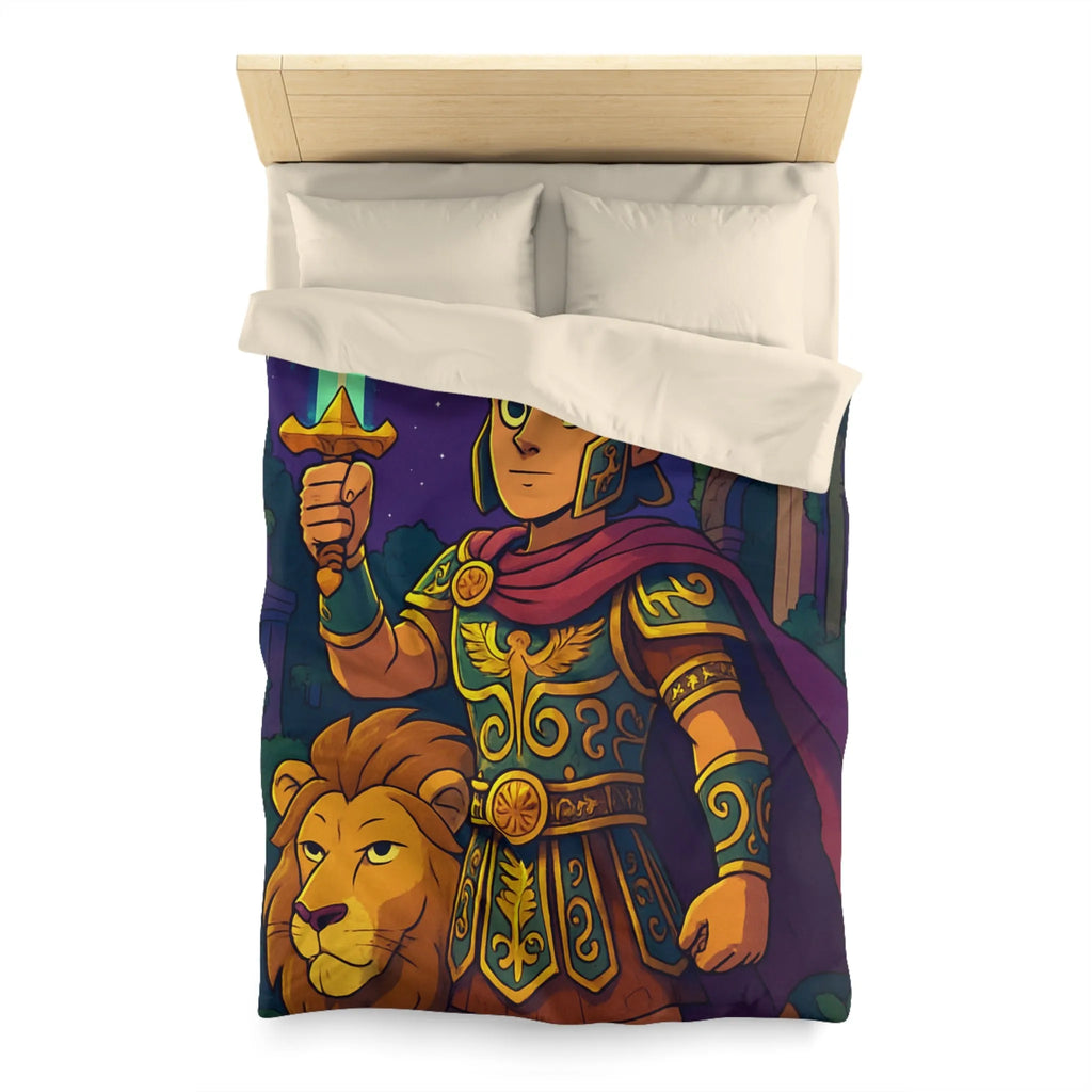 Housse de couette épique pour enfants avec un guerrier et un lion mythiques