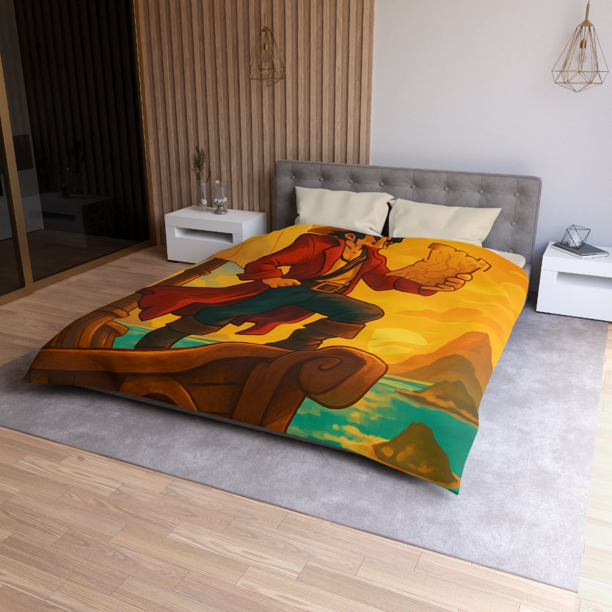 Housse de Couette Pirate Aventurier sur Bateau en Mer au Coucher du Soleil