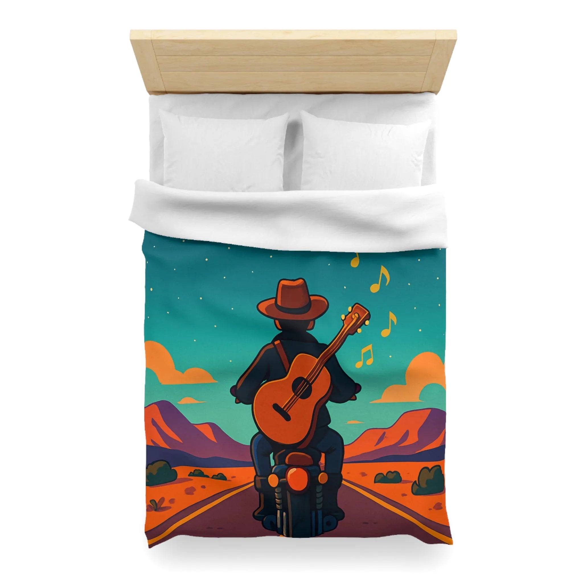 Housse de couette illustrée avec musicien en moto sous ciel étoilé et montagnes