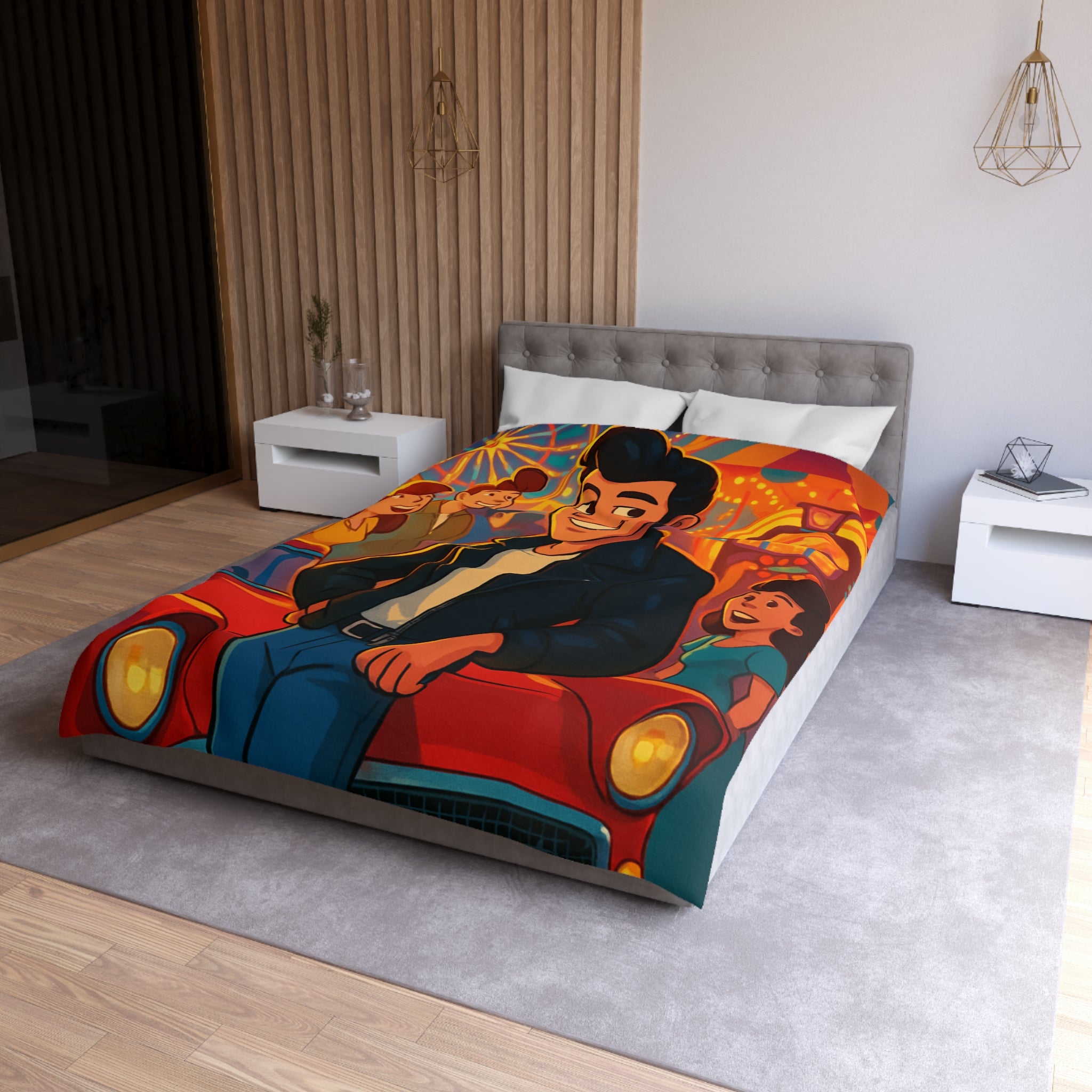 Housse de couette style rétro avec ambiance parc d'attractions colorée et joyeuse