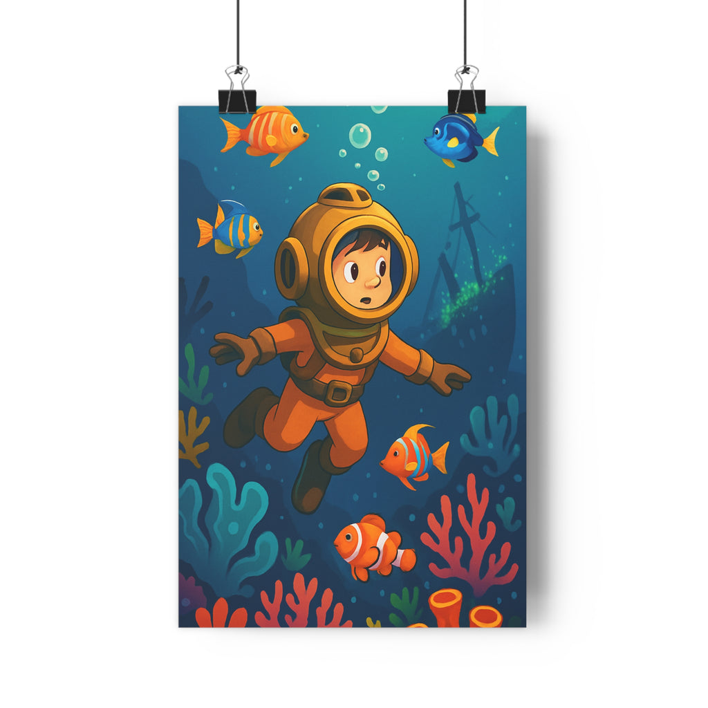 Poster décoratif enfant aventure sousmarine bleu orange joyeux chambre scaphandre exploration vibrant artistique qualité