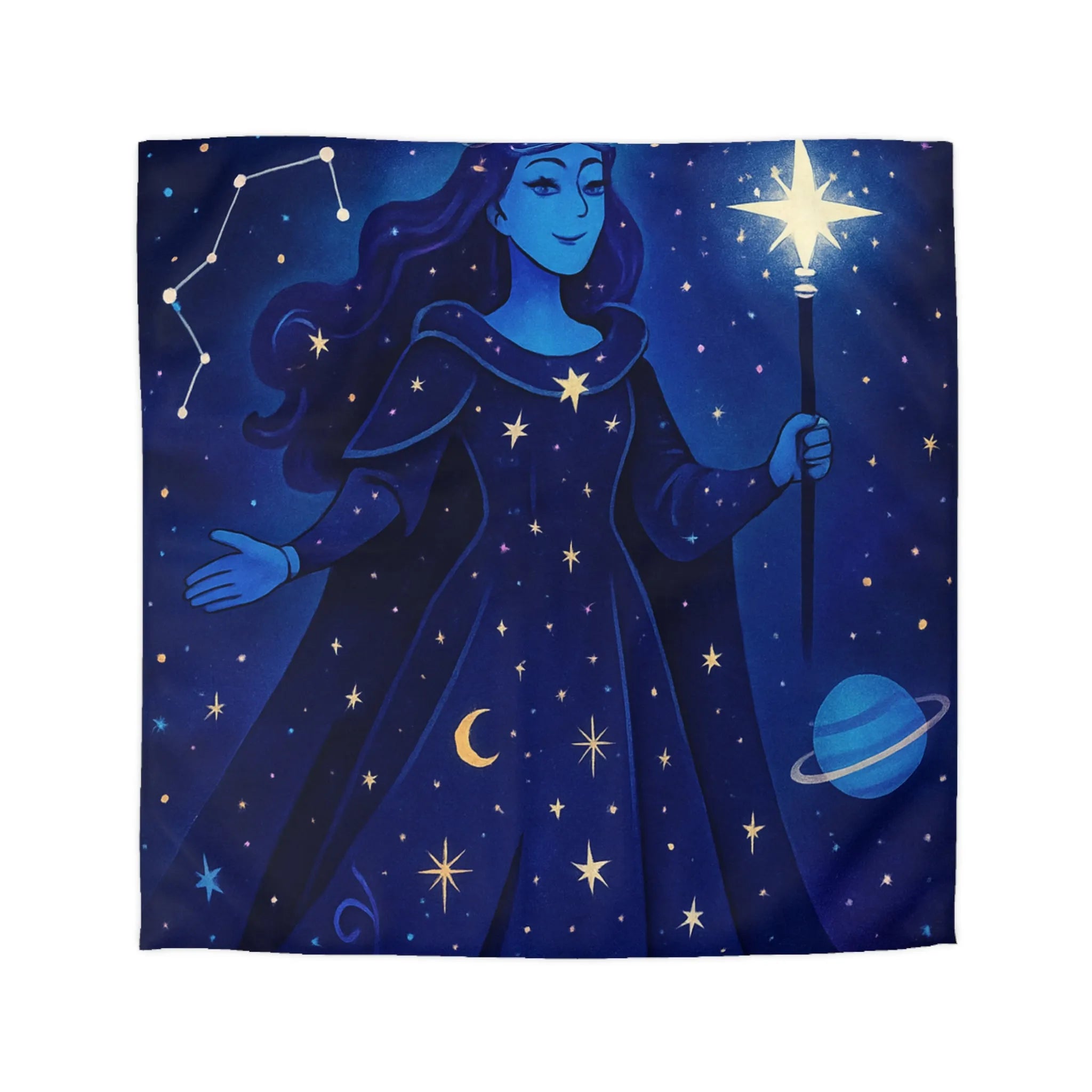 Housse de couette illustration déesse cosmique étoiles lune mystique bleu nuit magique