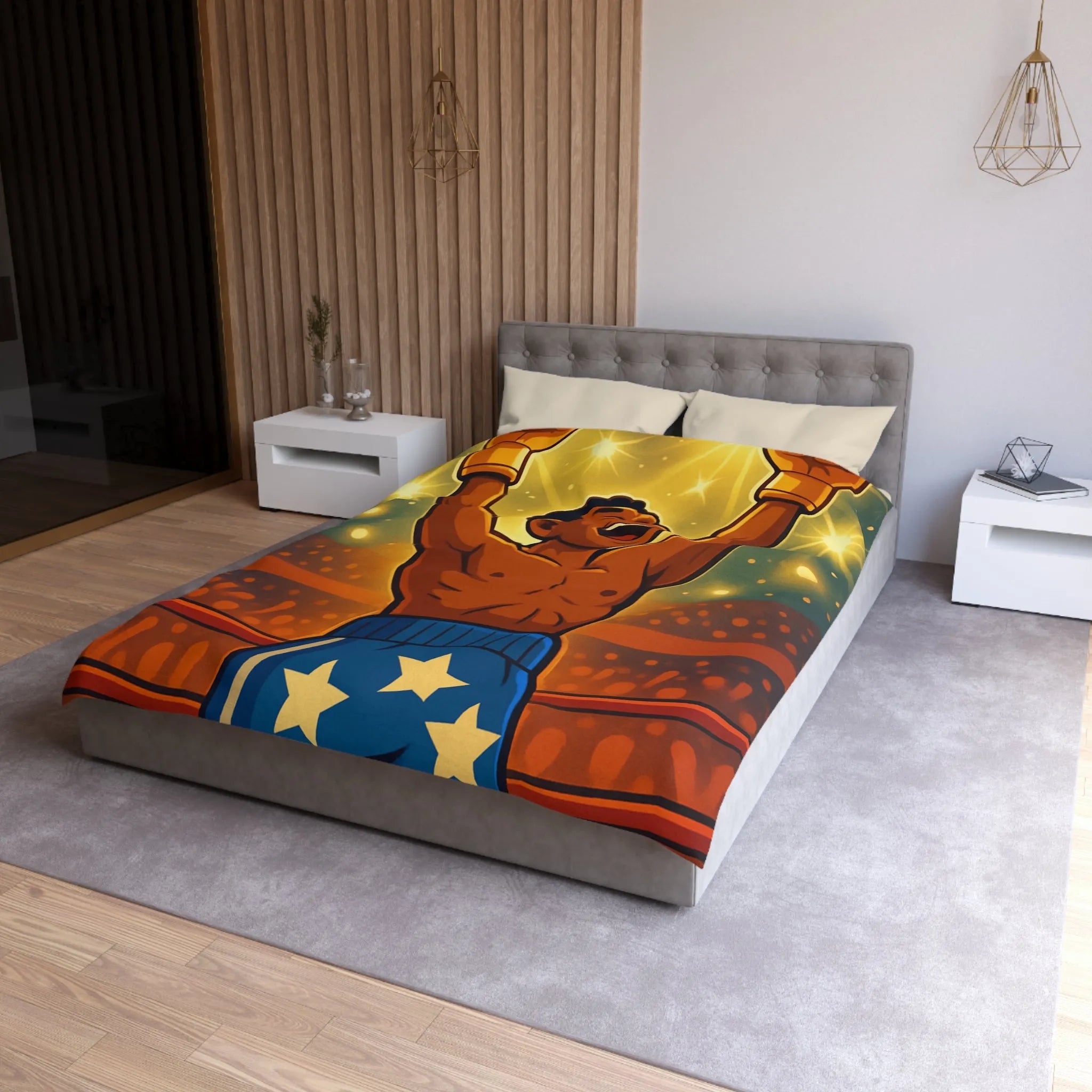 Housse de couette colorée avec boxeur victorieux et étoiles lumineuses illustrées