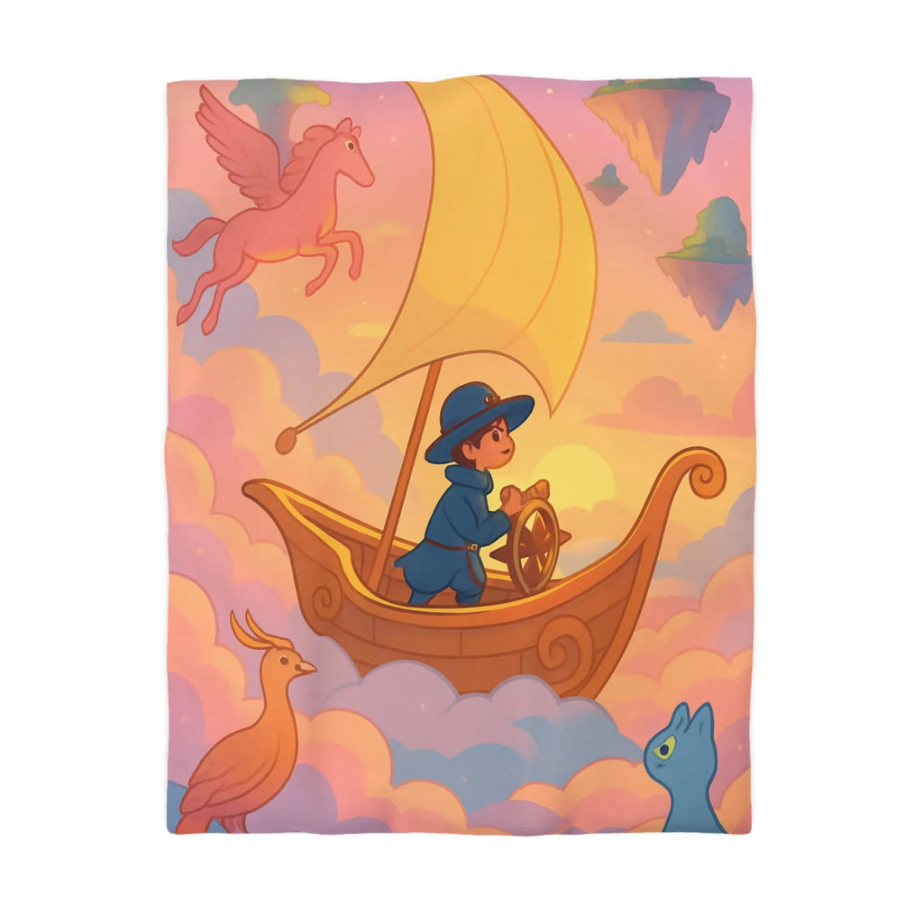 Housse de Couette Enchantée Avec Licorne et Bateau Volant Dans le Ciel Éthéré