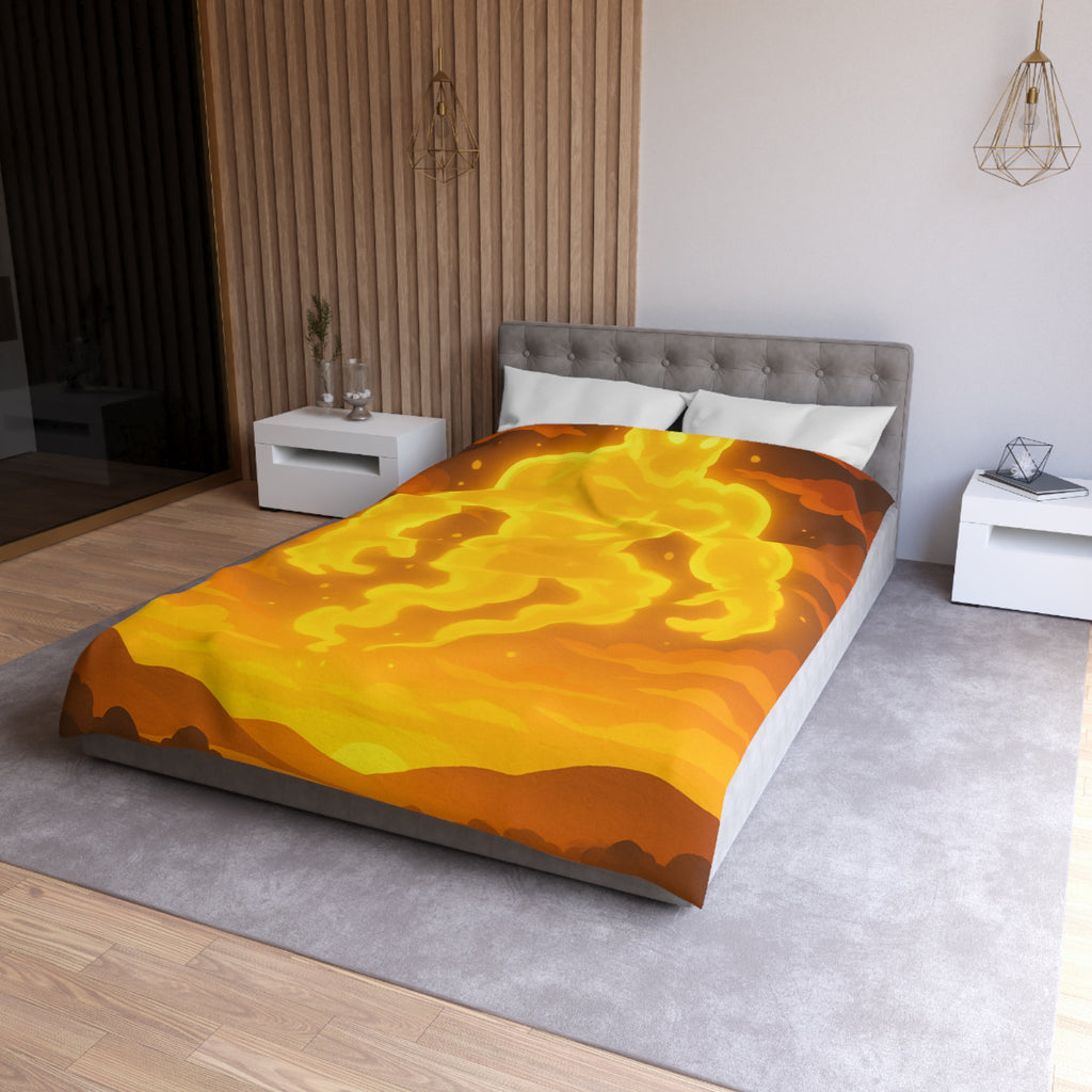 Vision onirique d'un géant flamboyant illuminant un paysage crépusculaire surréaliste en jaune