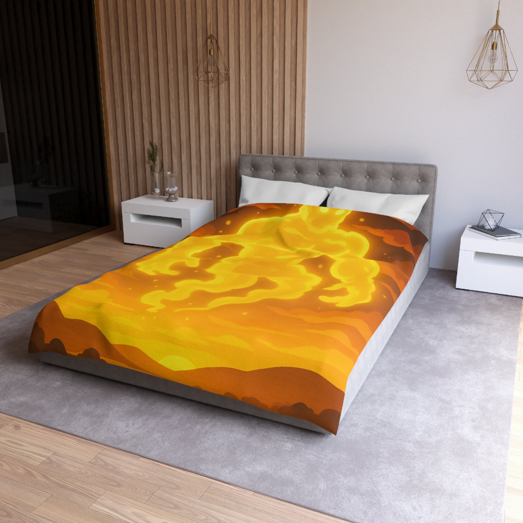 Vision onirique d'un géant flamboyant illuminant un paysage crépusculaire surréaliste en jaune