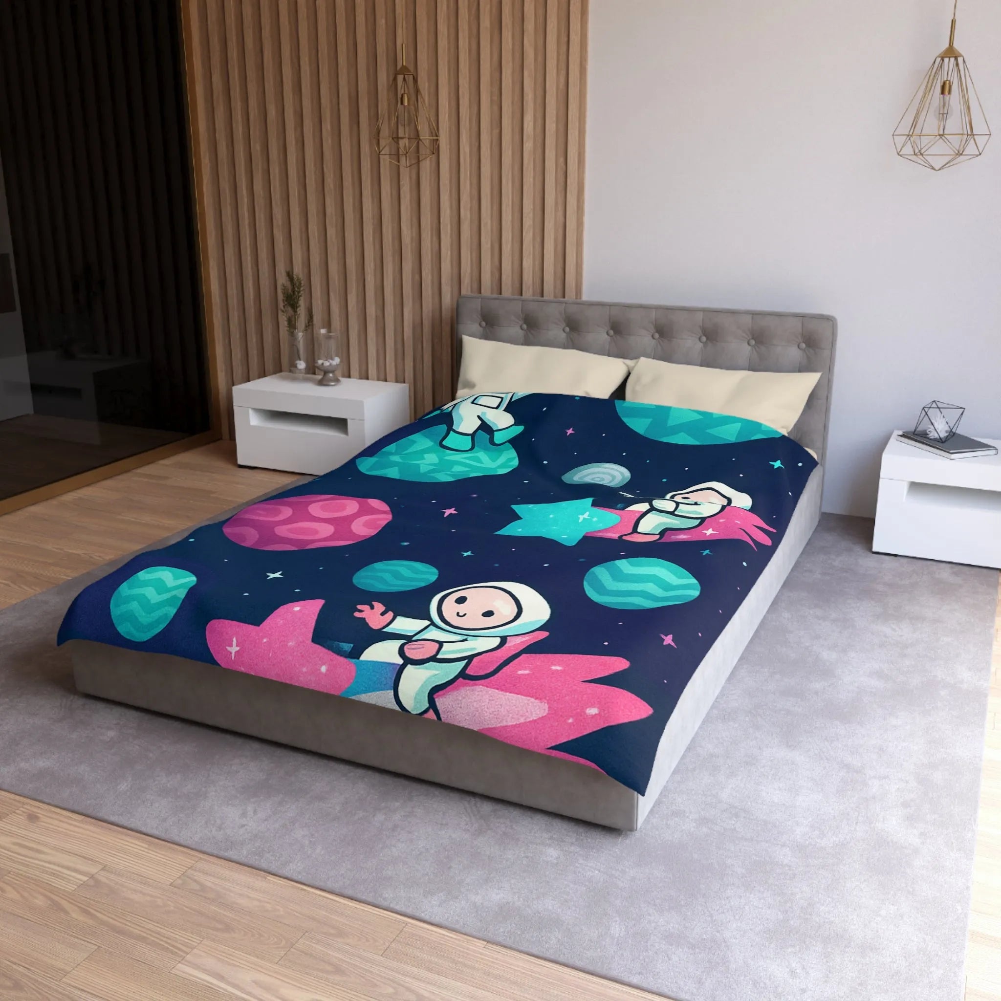 Explorez l'univers magique avec des astronautes joyeux sur fond stellaire pour enfants