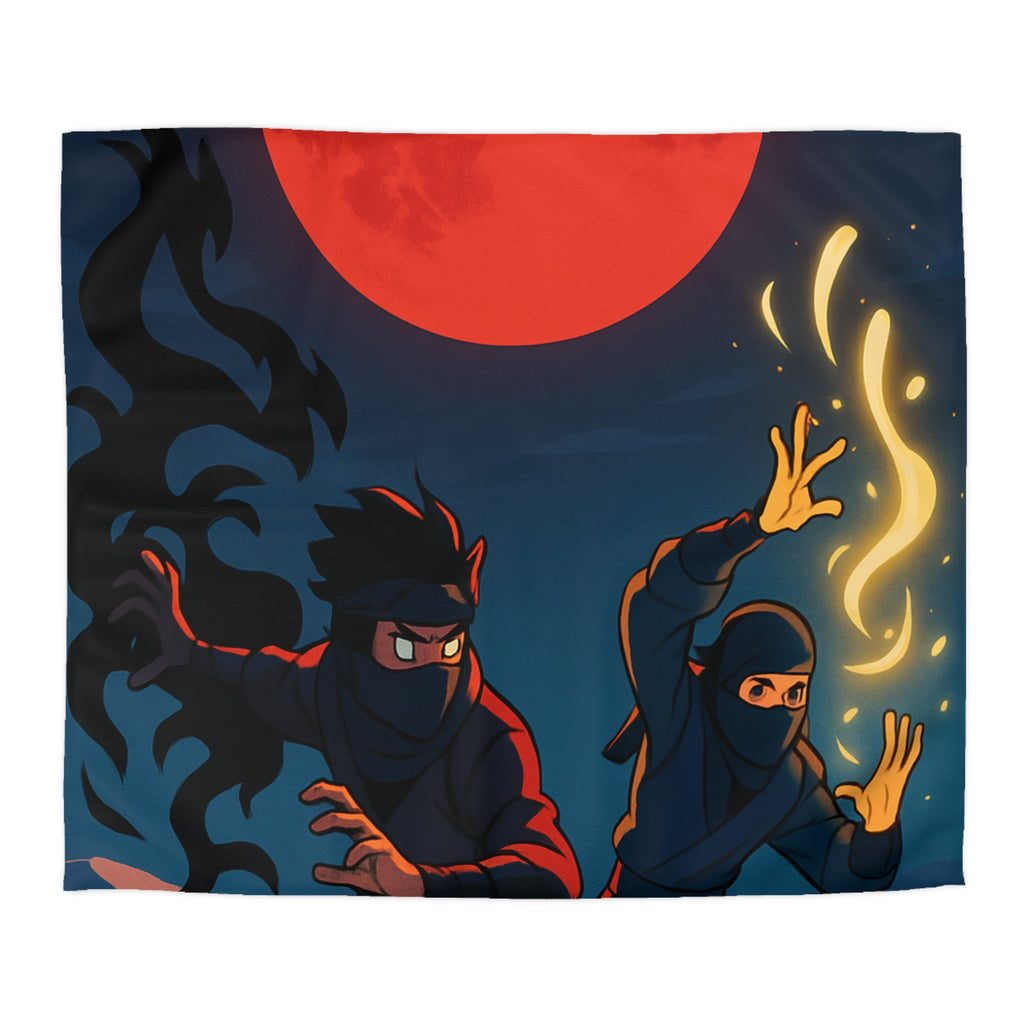 Housse de Couette Ninja avec Lune Rouge et Pouvoirs Mystiques en Fond Sombre