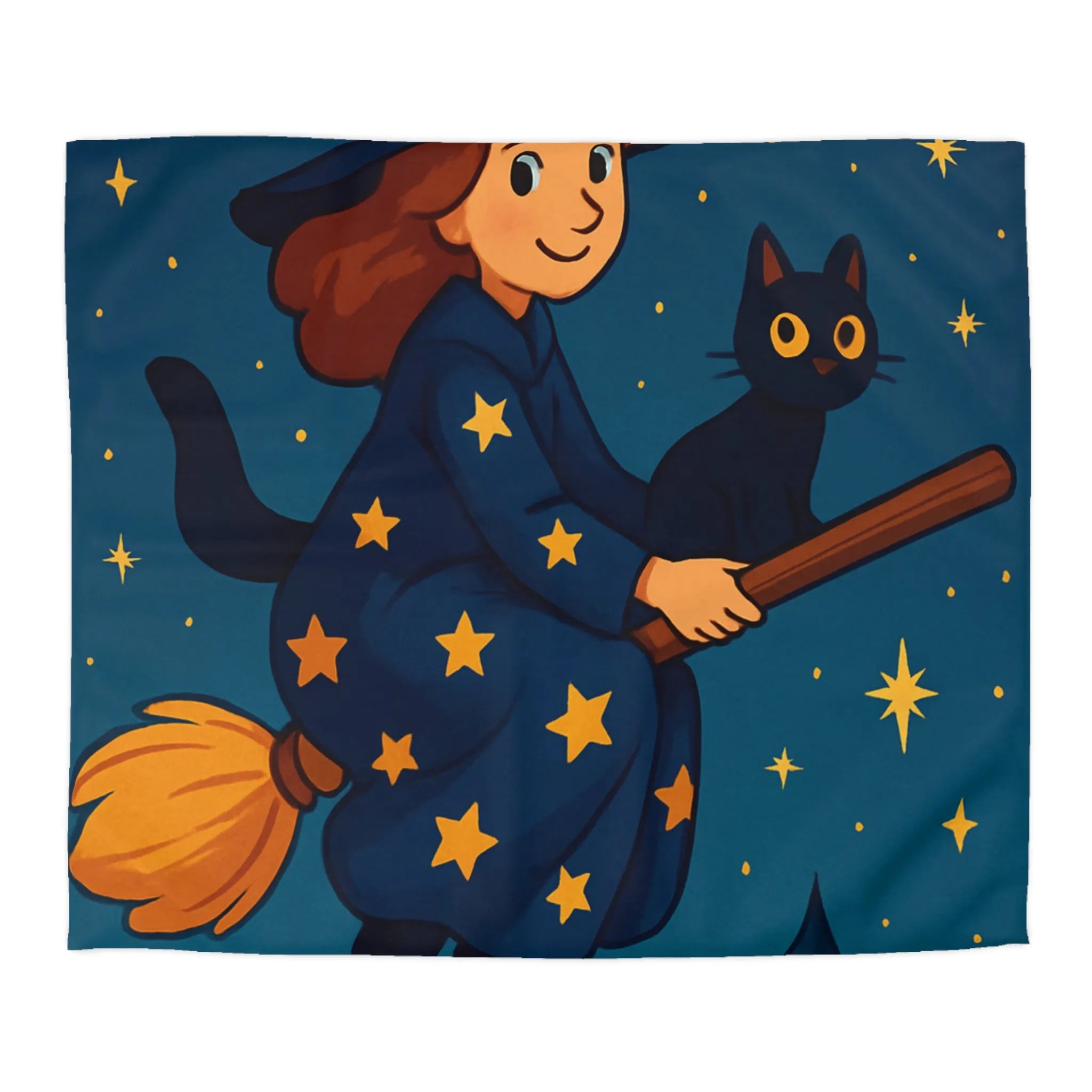 Housse de Couette Enfant Fantaisie Sorcière et Chat Noir sur Balai Nocturne