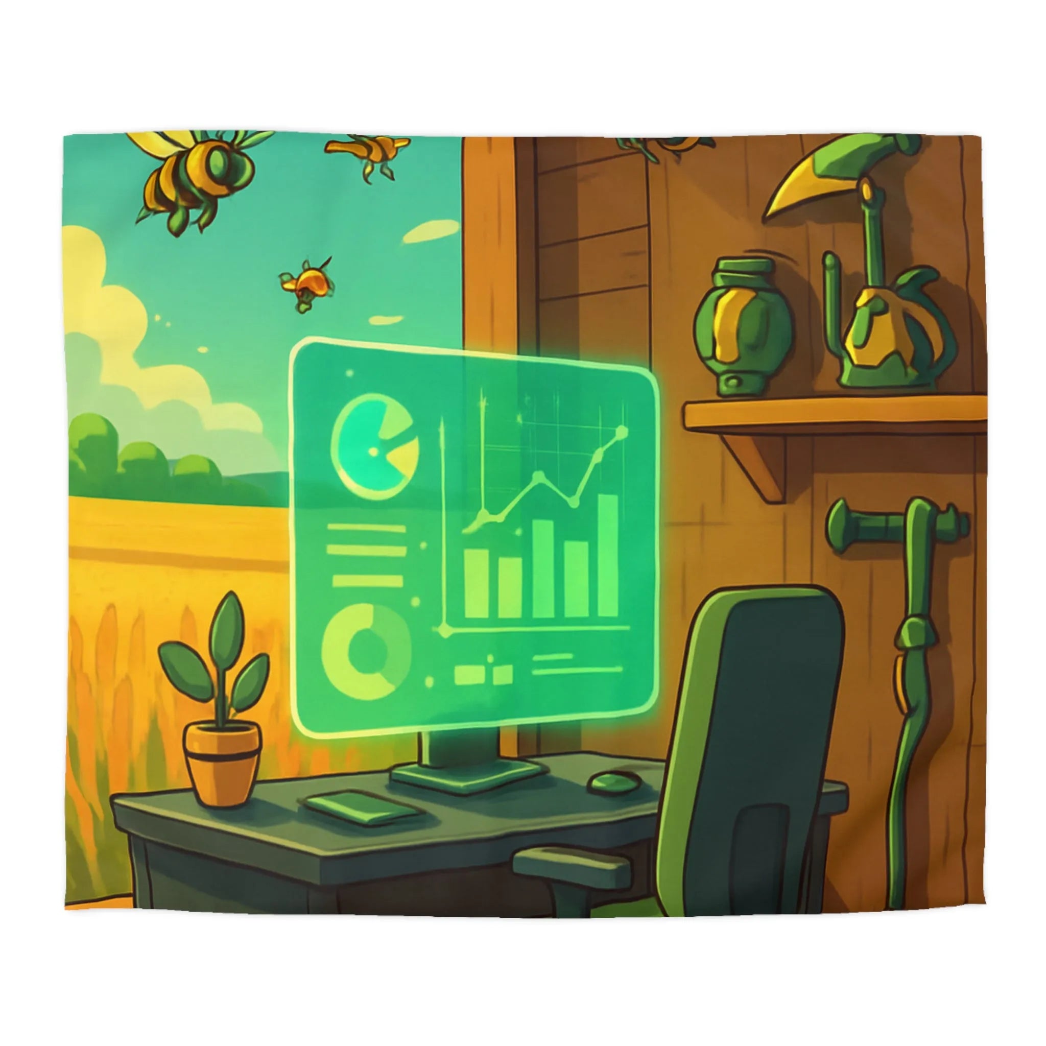 Housse de couette avec design moderne d'abeilles et station de travail futuriste