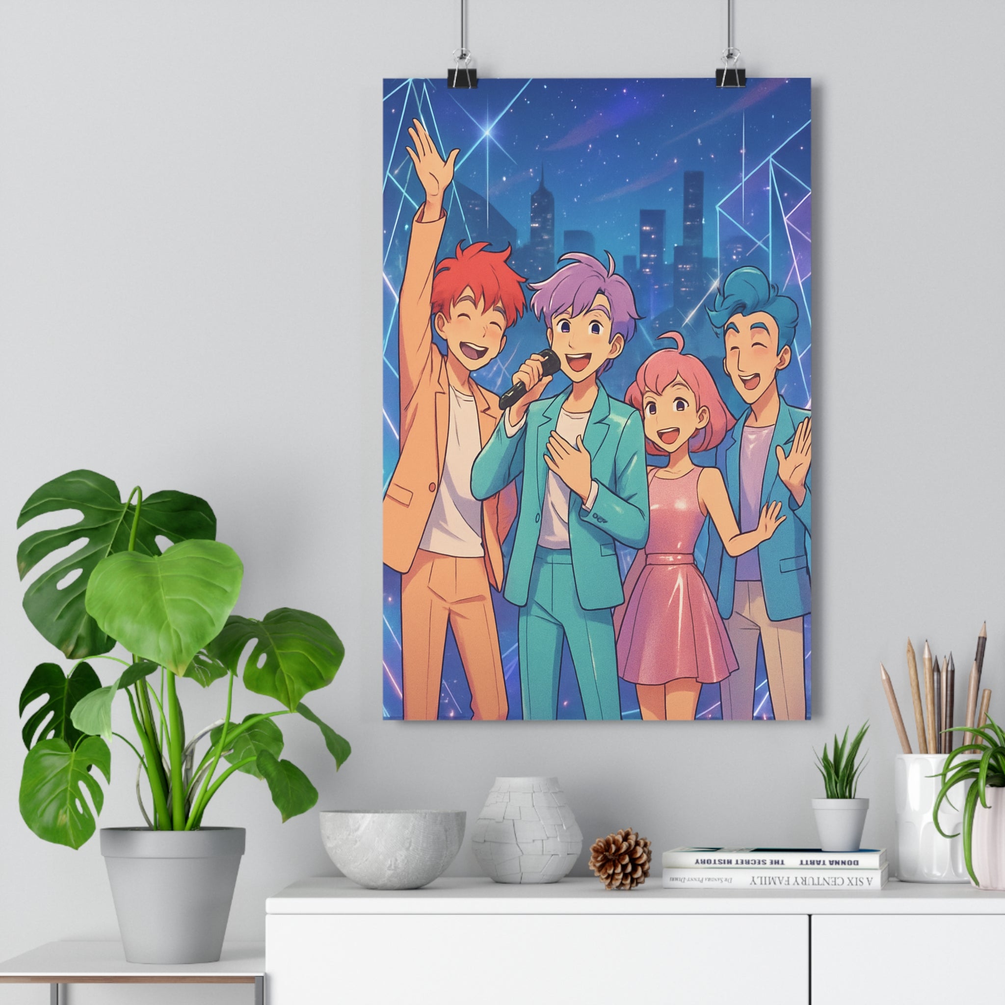 Poster décoratif cartoon anime bleu rose orange joyeux chambre salon moderne dynamique 30x46 ambiance