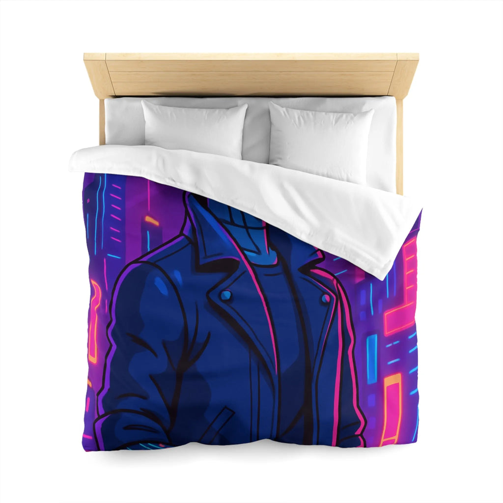 Housse de couette bleu nuit motif rétro-futuriste avec robot et gratte-ciel néon