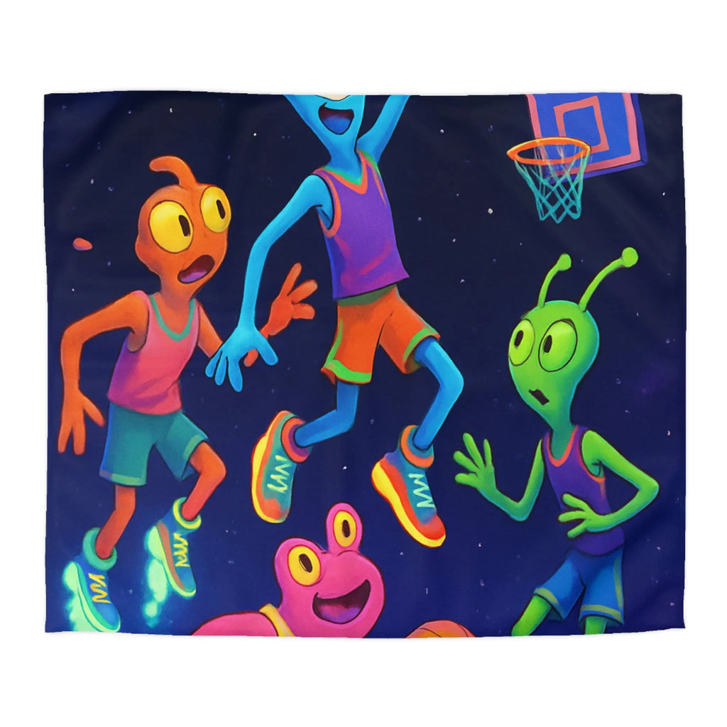 Housse de couette avec extraterrestres jouant au basket, ambiance lumineuse et amusante