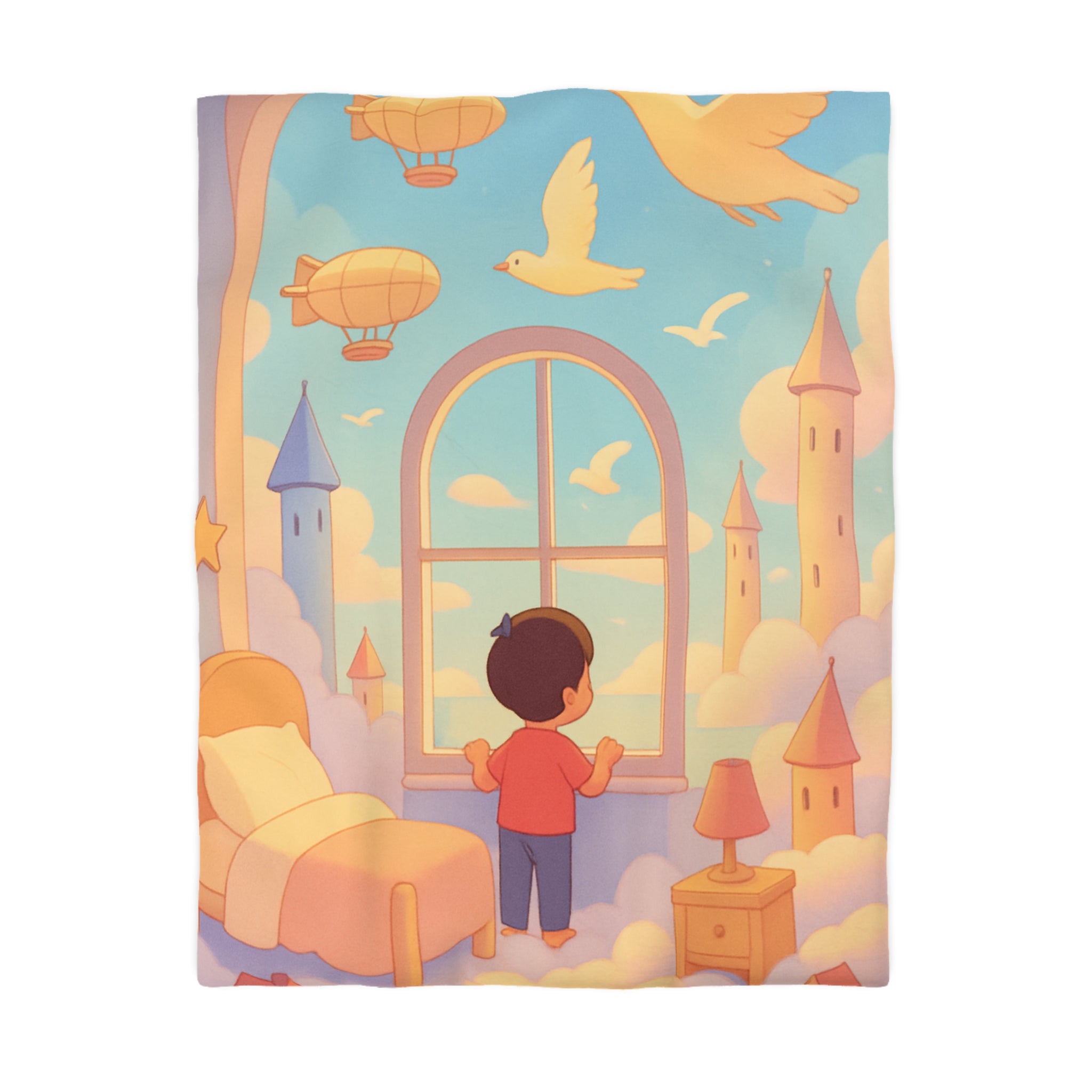 Housse de couette rêveuse enfantine avec nuages, dirigeables et oiseaux volants paisibles
