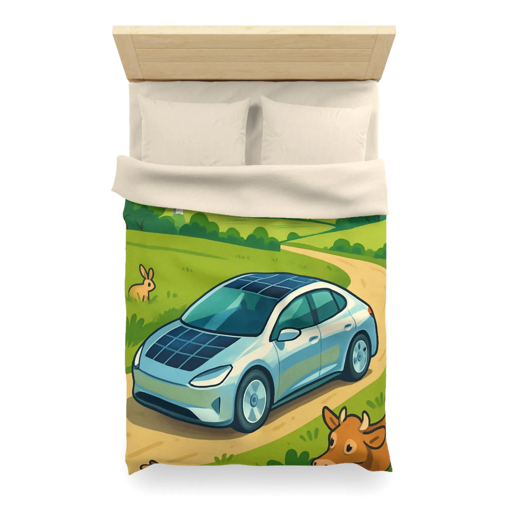 Housse de couette écologique avec voiture solaire, éoliennes et animaux dans la nature