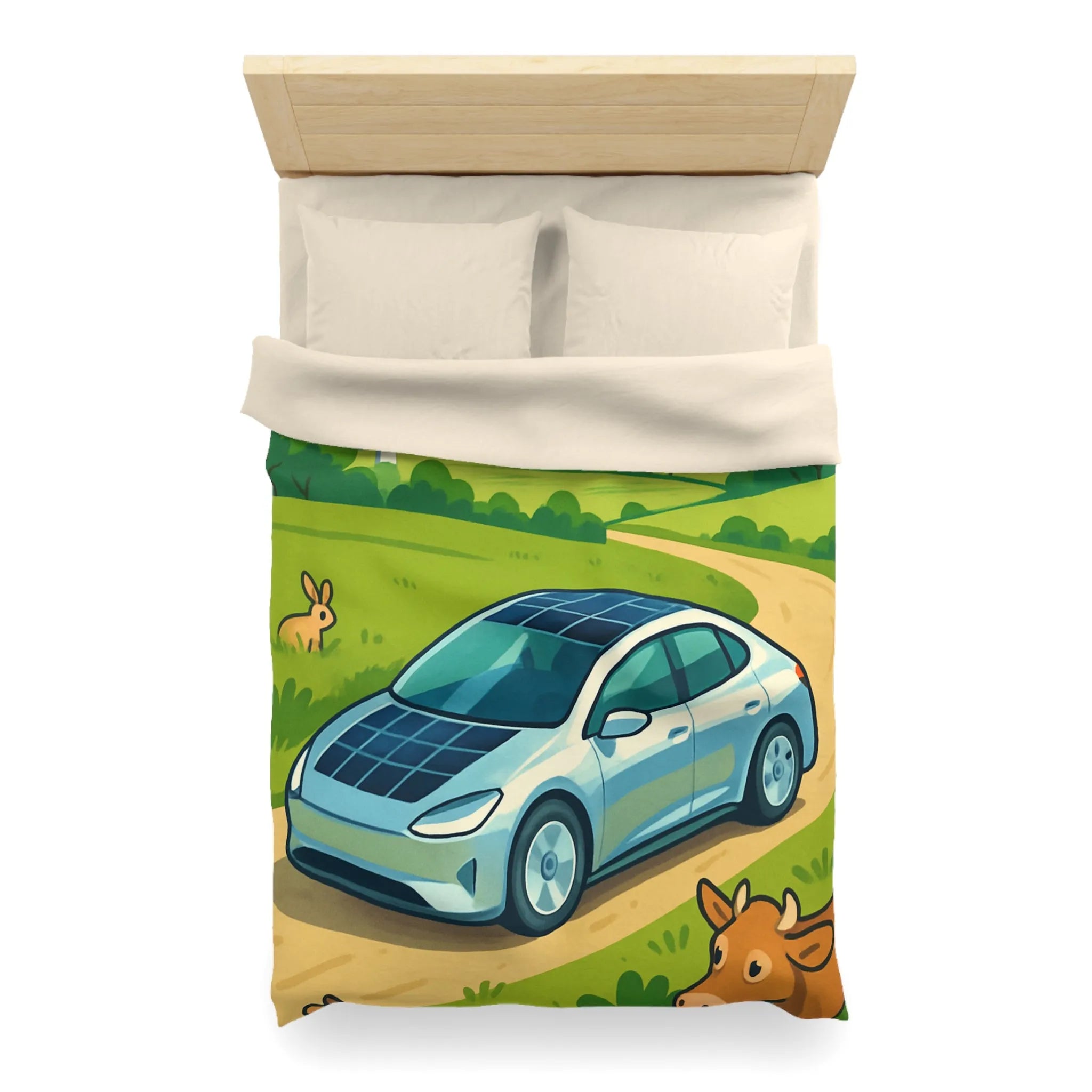 Housse de couette écologique avec voiture solaire, éoliennes et animaux dans la nature