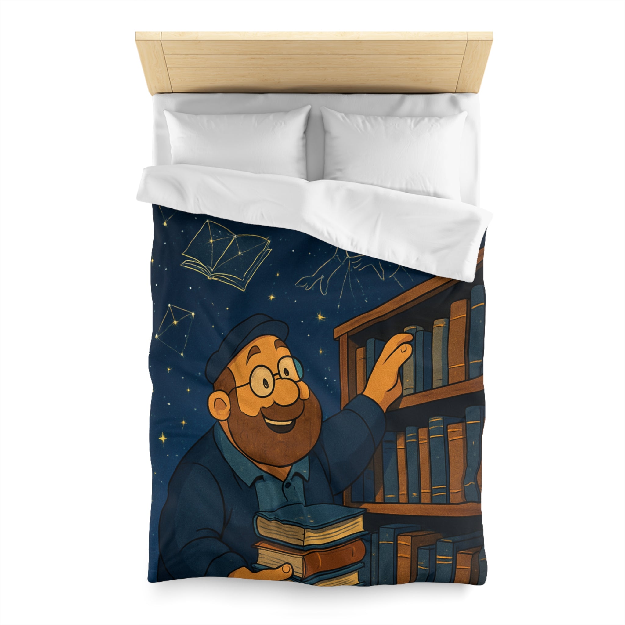Housse de couette magique avec bibliothécaire sous ciel étoilé et livres animés
