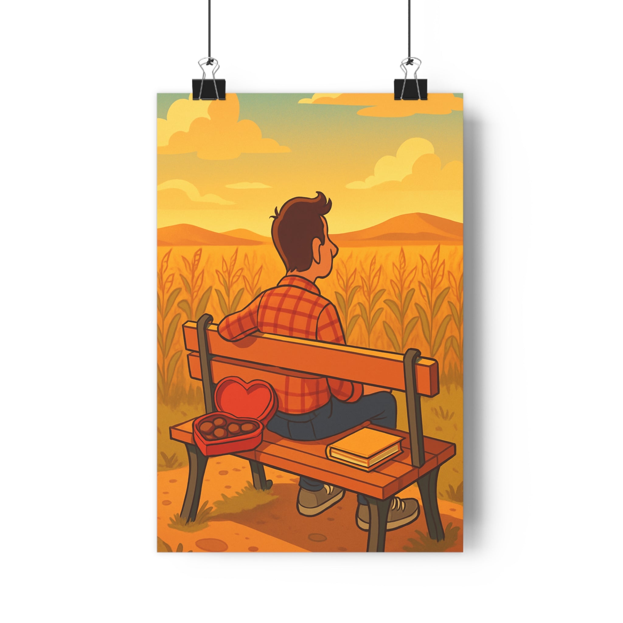 Poster décoratif nostalgique cartoon automnal bois banc sérénité salon chambre apaisant jaune chic qualité