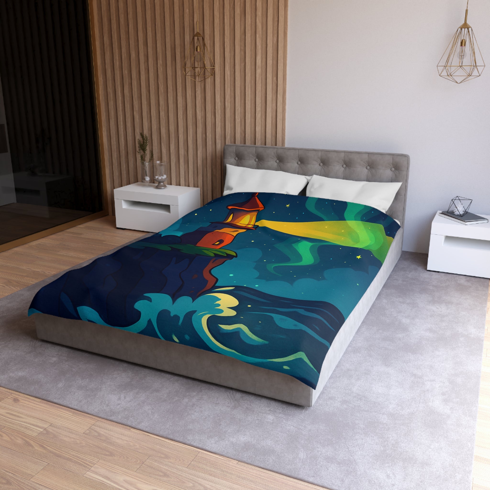 Housse de couette phare rouge illuminant océan étoilé, paysage nocturne inspirant rêve.