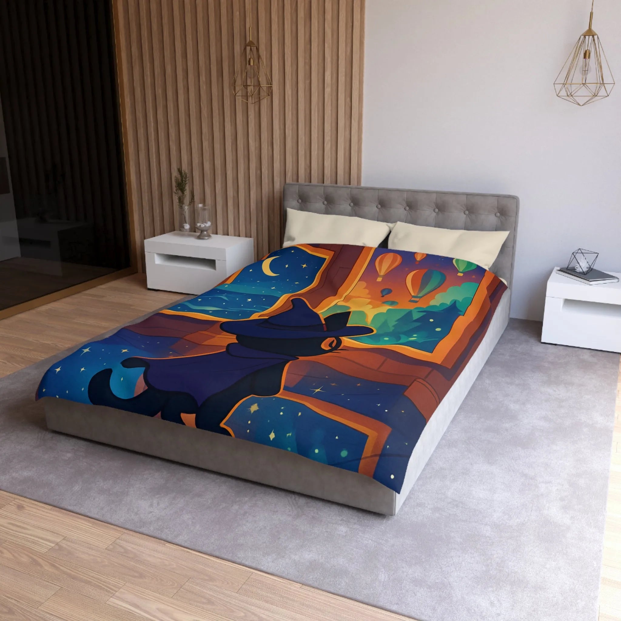 Housse de couette ambiance nocturne avec chat sorcier et paysages enchanteurs colorés