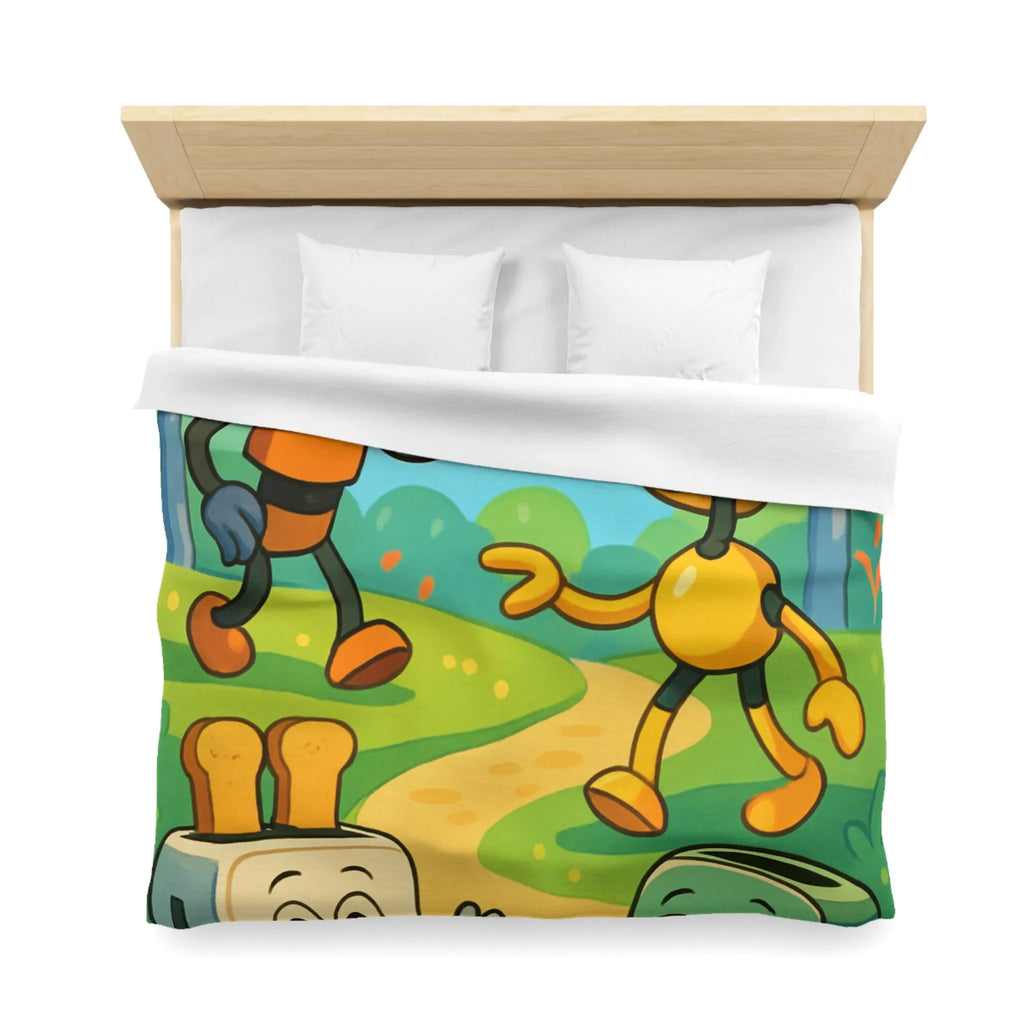 Housse de couette colorée avec robots joyeux et paysage forestier graphique