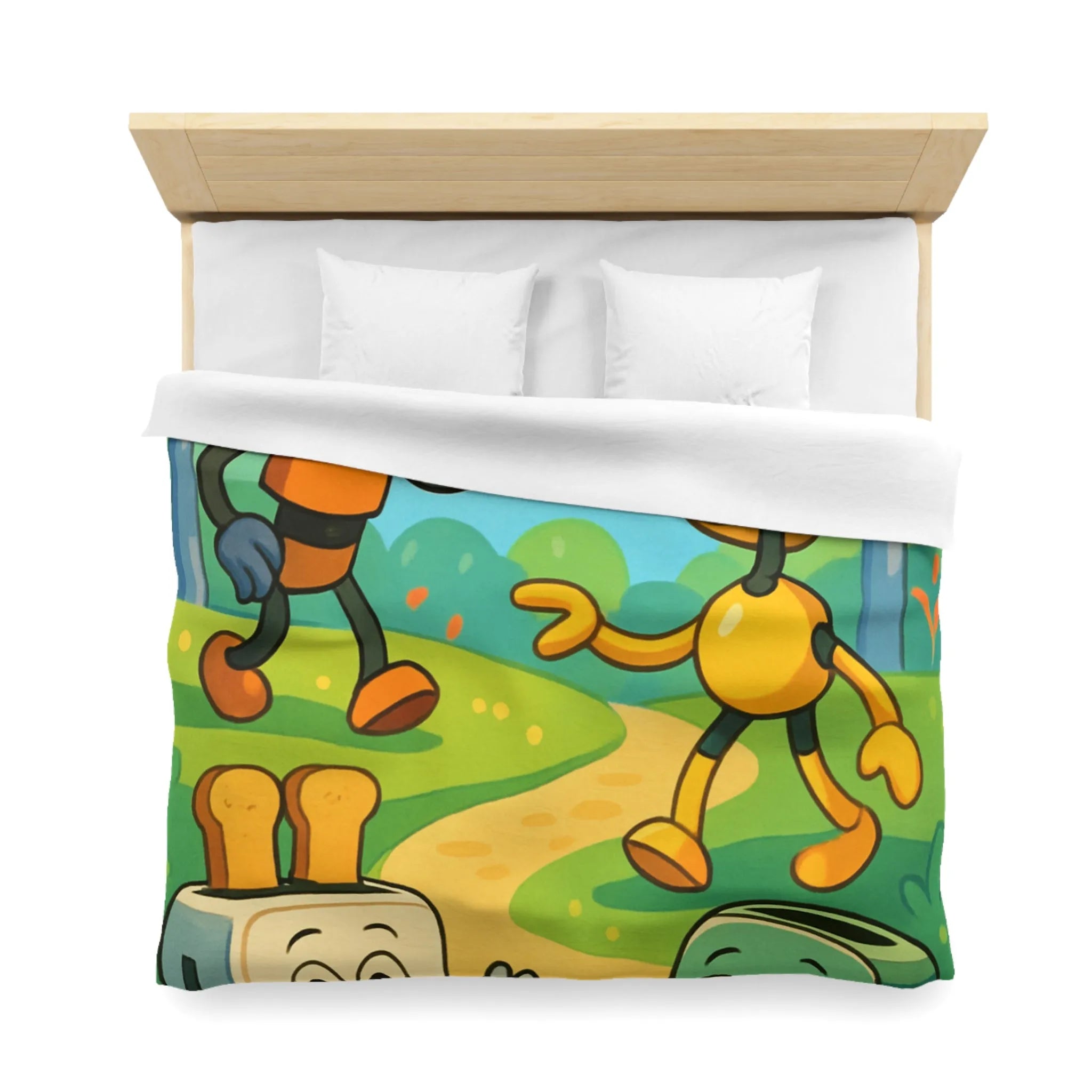 Housse de couette colorée avec robots joyeux et paysage forestier graphique