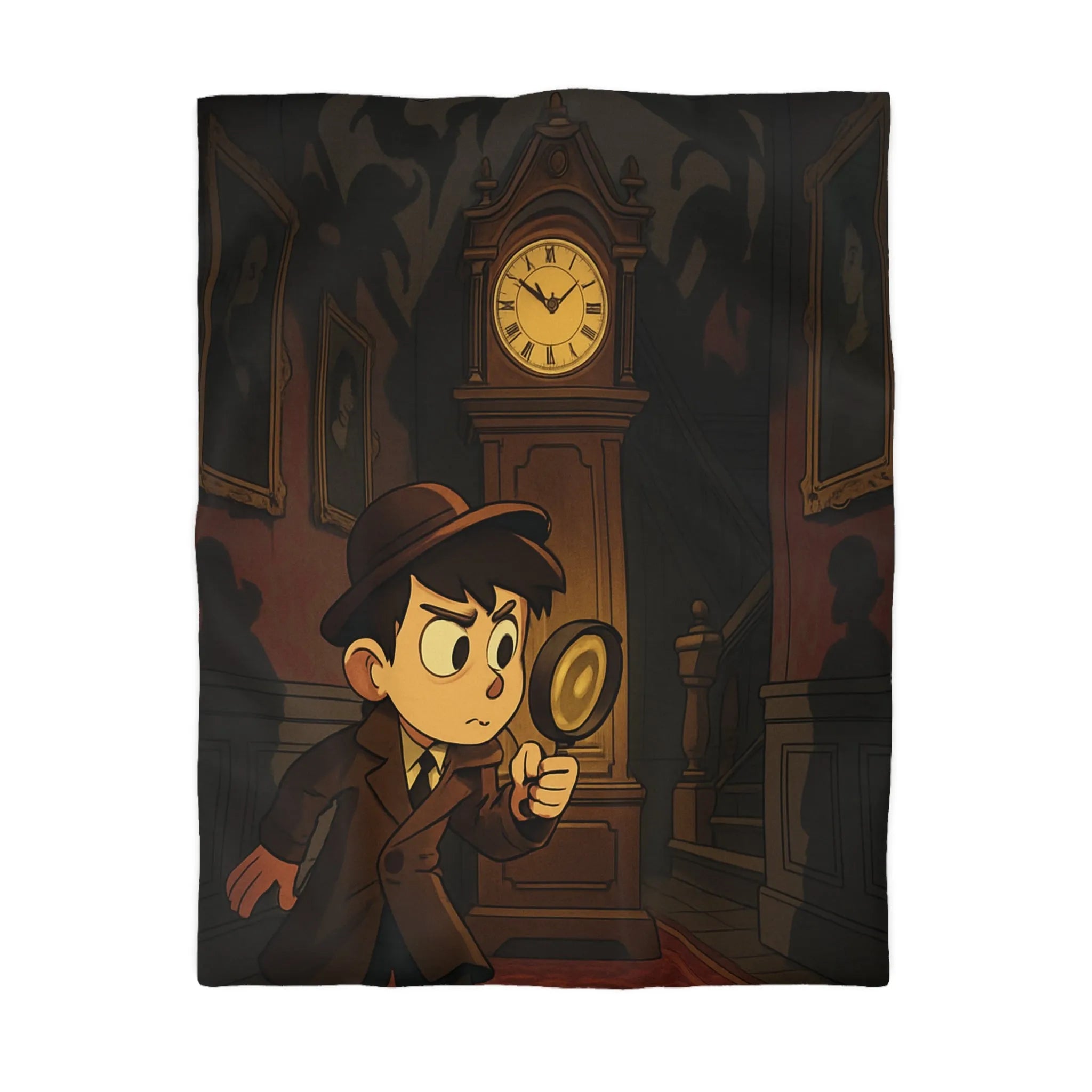 Housse de couette détective vintage avec horloge et silhouettes mystérieuses pour ambiance intrigante