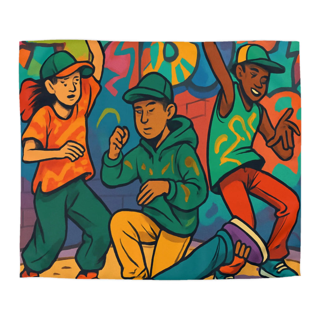 Housse de couette colorée illustrant danseurs de rue avec graffiti urbain énergisant
