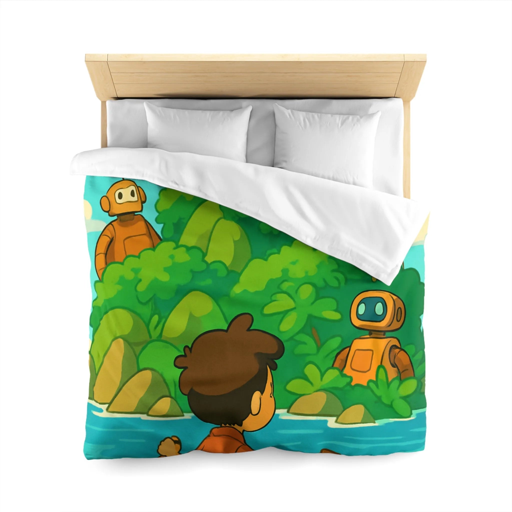 Housse de couette avec robots ludiques et enfant en bateau sur lac serein