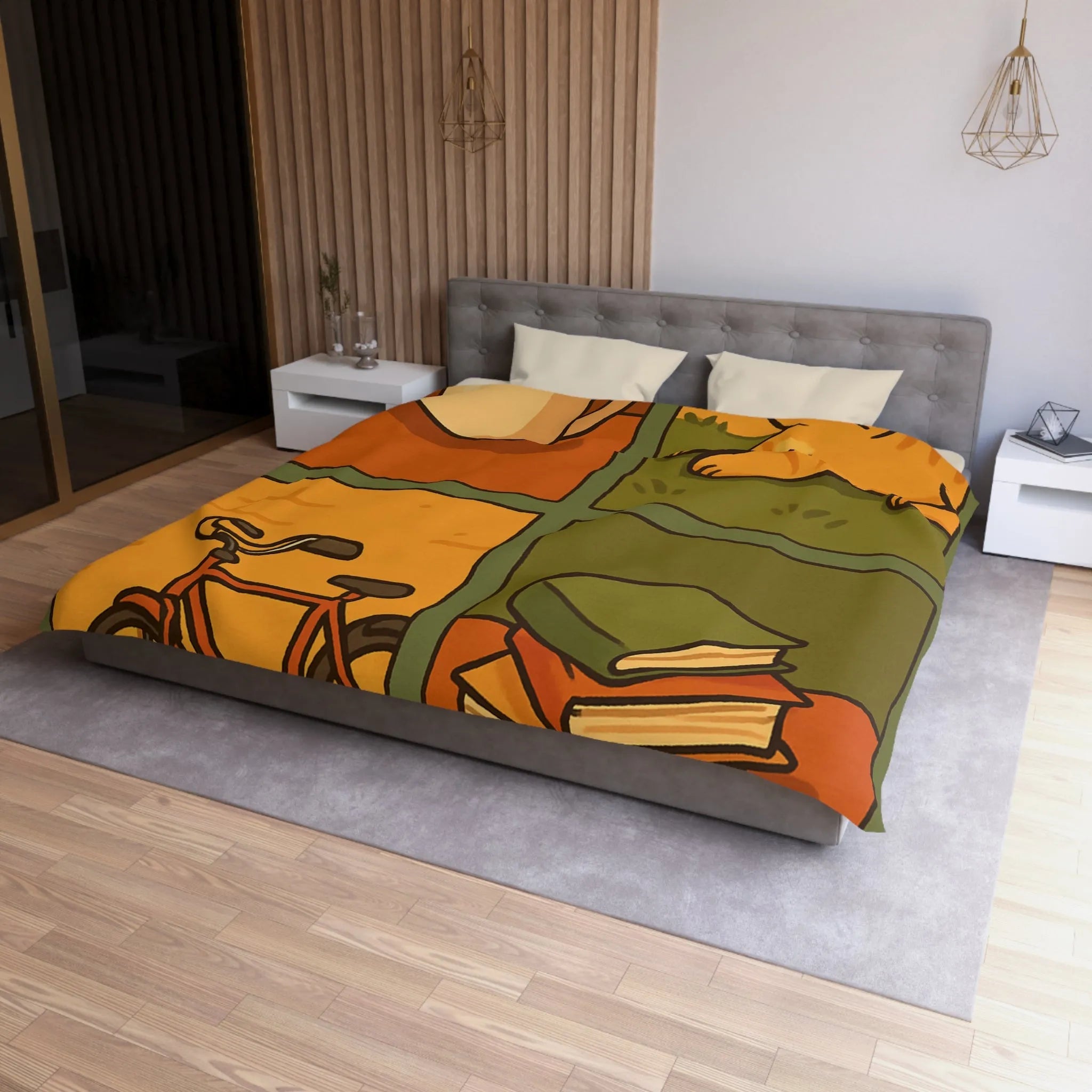 Housse de Couette Décontractée avec Chat Orange, Café, Vélo et Livres Colorés