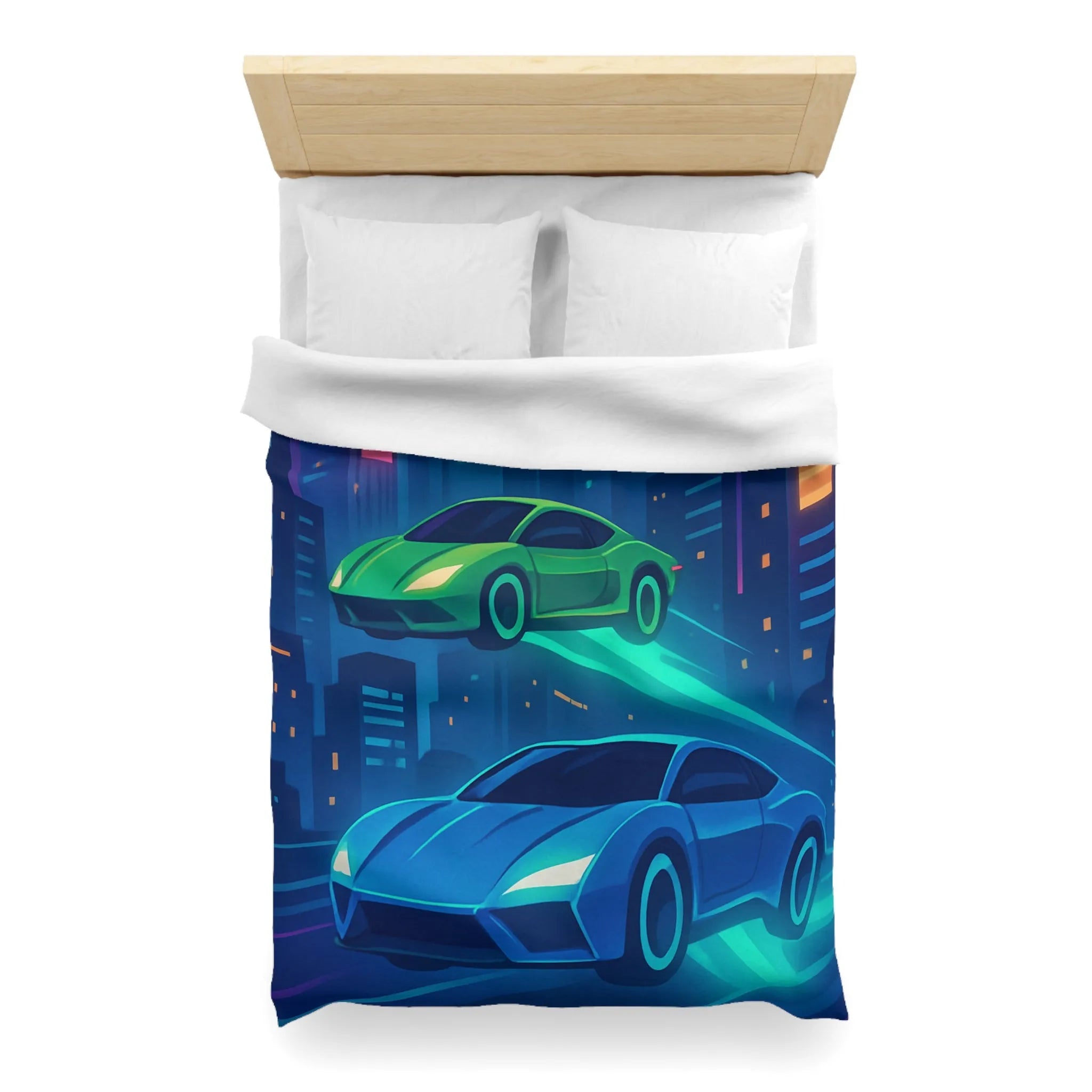 Découvrez des voitures futuristes illuminées flottant dans un ciel urbain nocturne vibrant