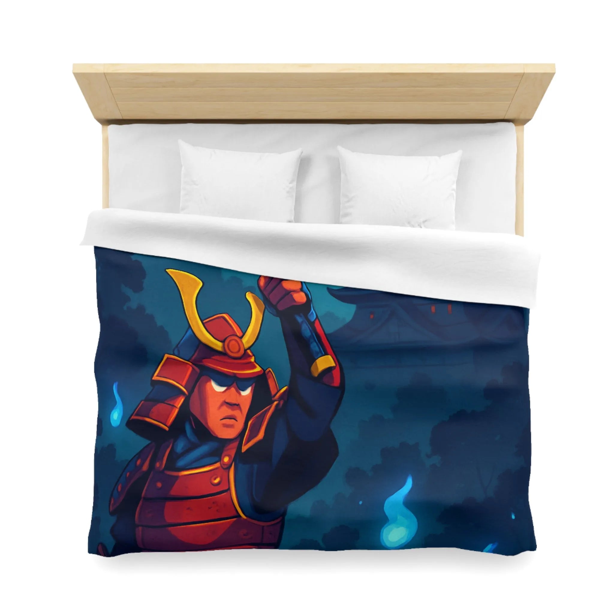 Housse de couette épique samouraï sous lune avec château en arrière-plan mystique