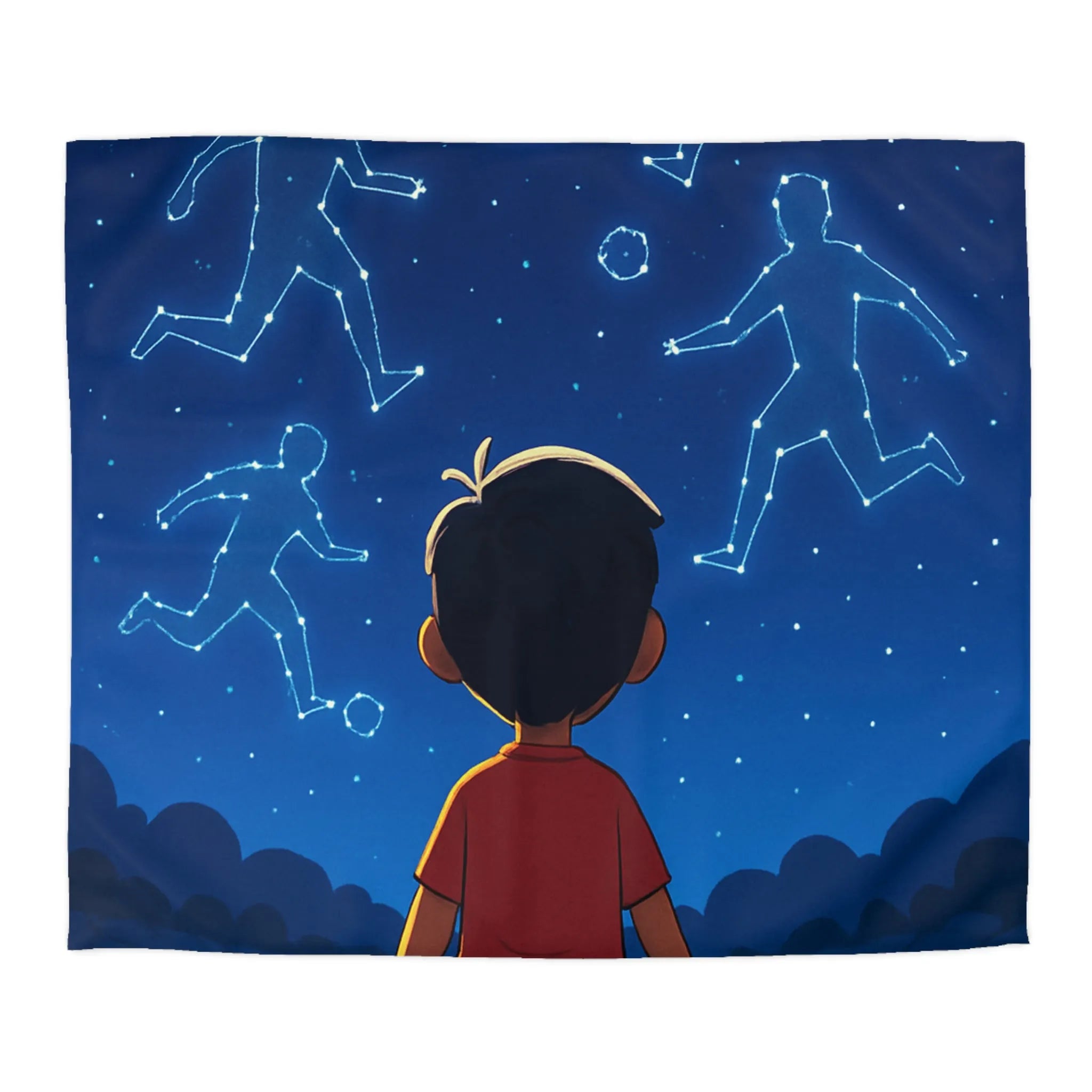 Housse de couette étoilée avec enfant rêvant de football sous ciel constellé