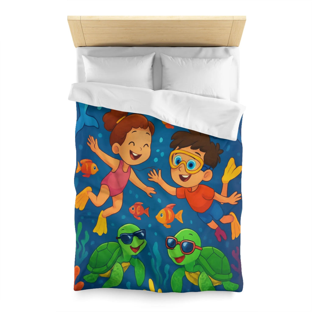 Housse de couette avec enfants nageant joyeusement dans océan vibrant avec animaux marins