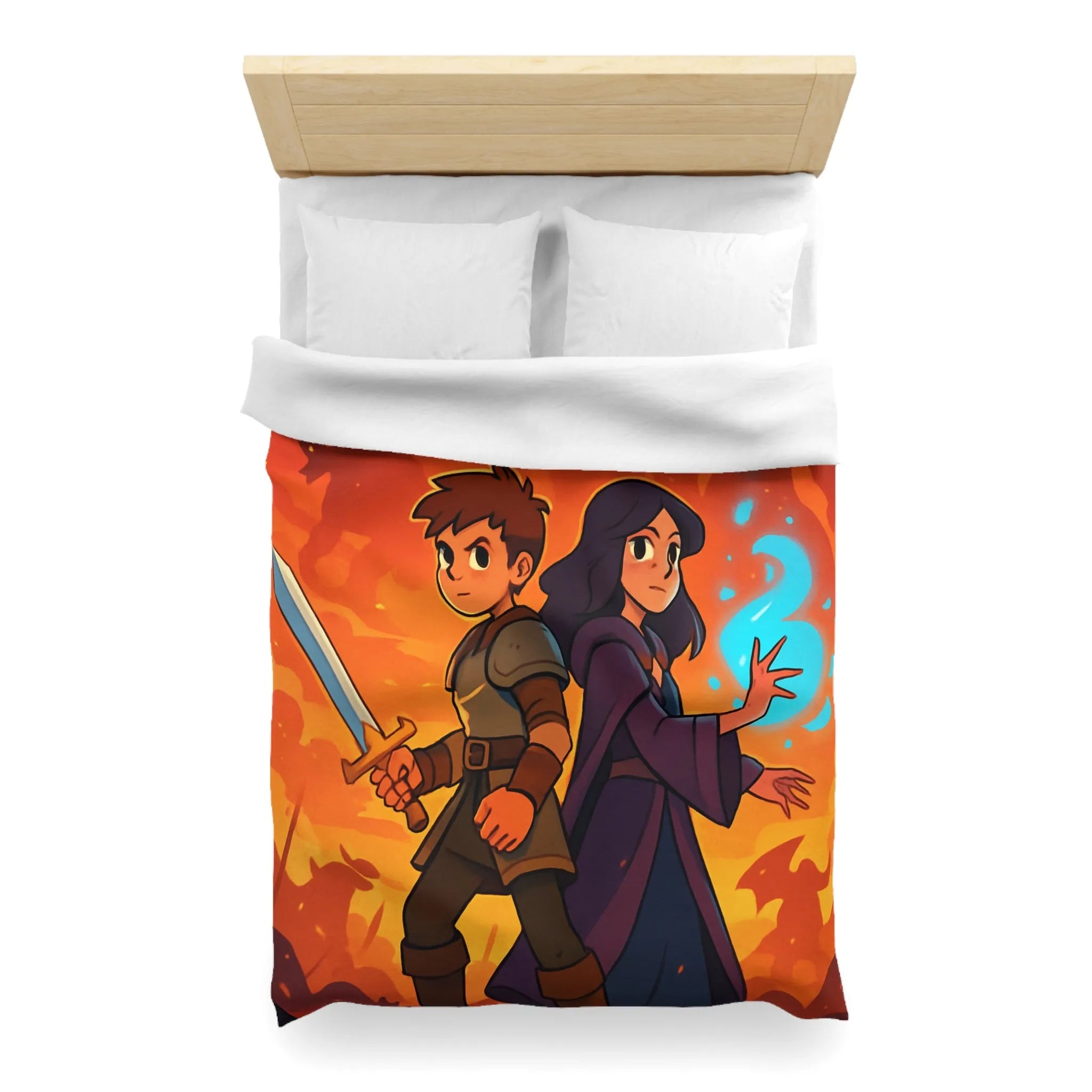 Housse de couette épique, jeunes aventuriers et dragons incandescents en fantaisie captivante