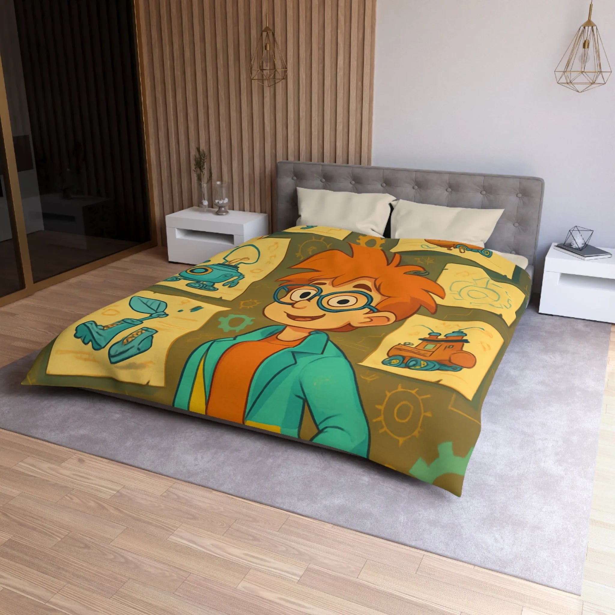 Housse de couette enfant motifs inventeur créatif pour chambre ludique et colorée