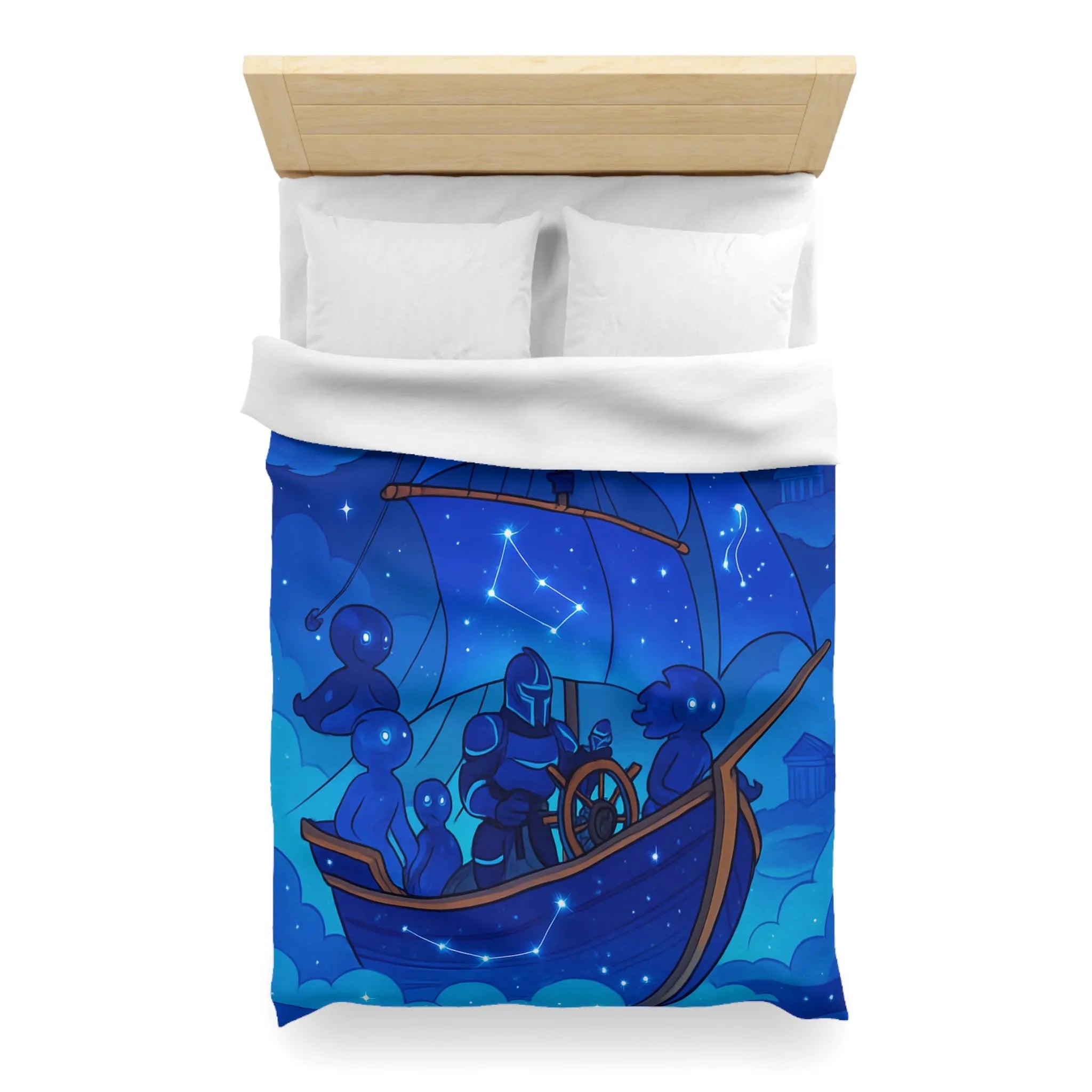 Housse de Couette Inspirée Ciel Étoilé avec Bateau et Constellations Bleu Nuit