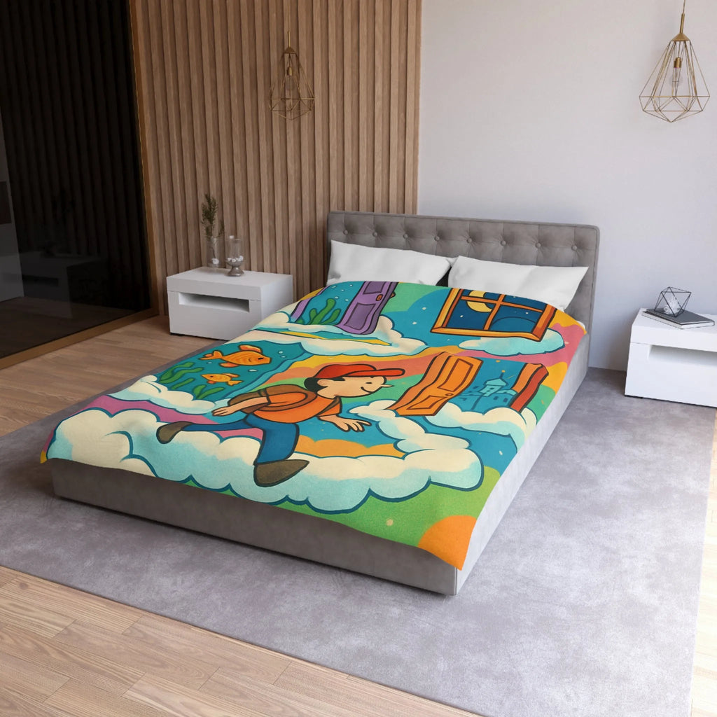 Housse de couette colorée avec portes magiques, nuages et aventure pour enfants rêveurs