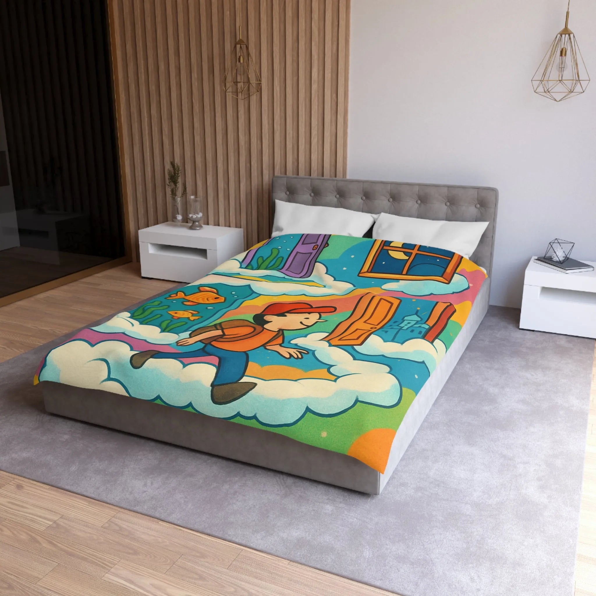 Housse de couette colorée avec portes magiques, nuages et aventure pour enfants rêveurs