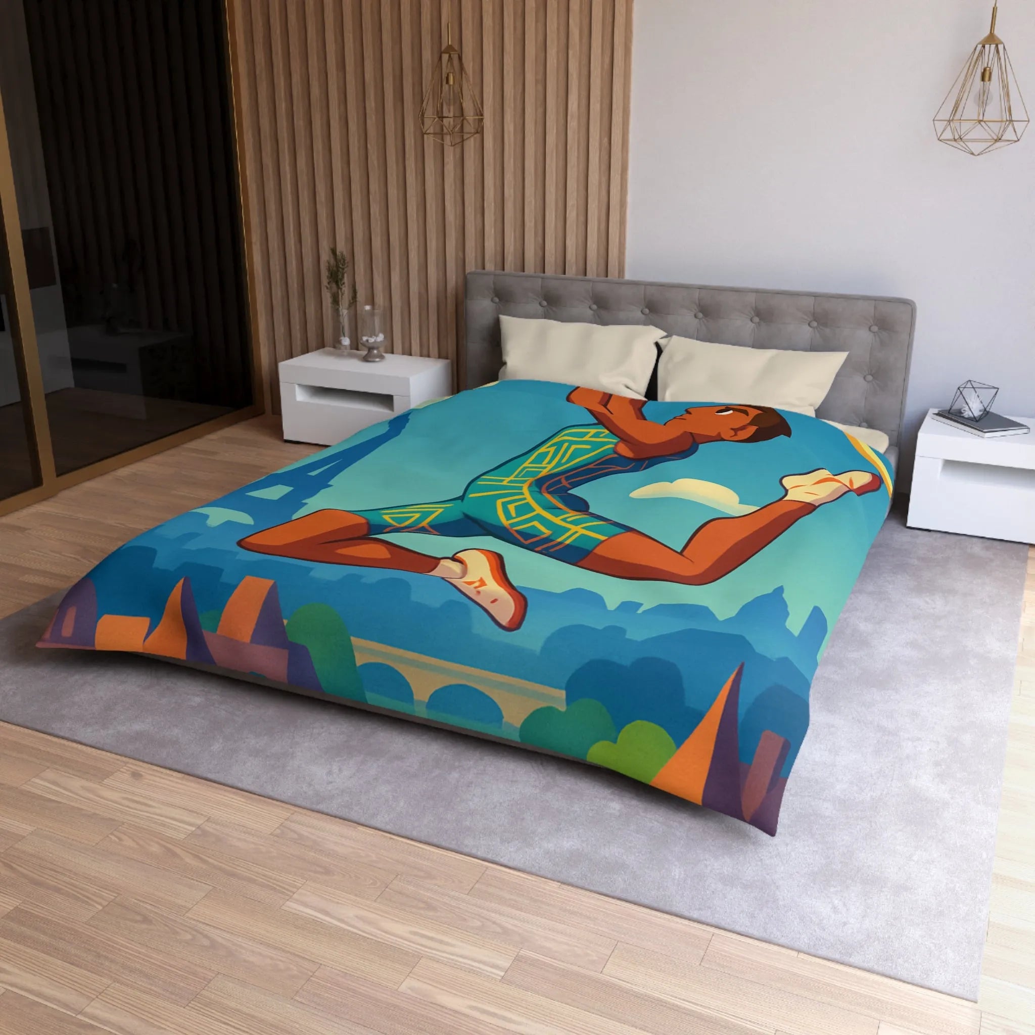 Housse de couette athlète sautant en ville avec ciel bleu et monuments célèbres