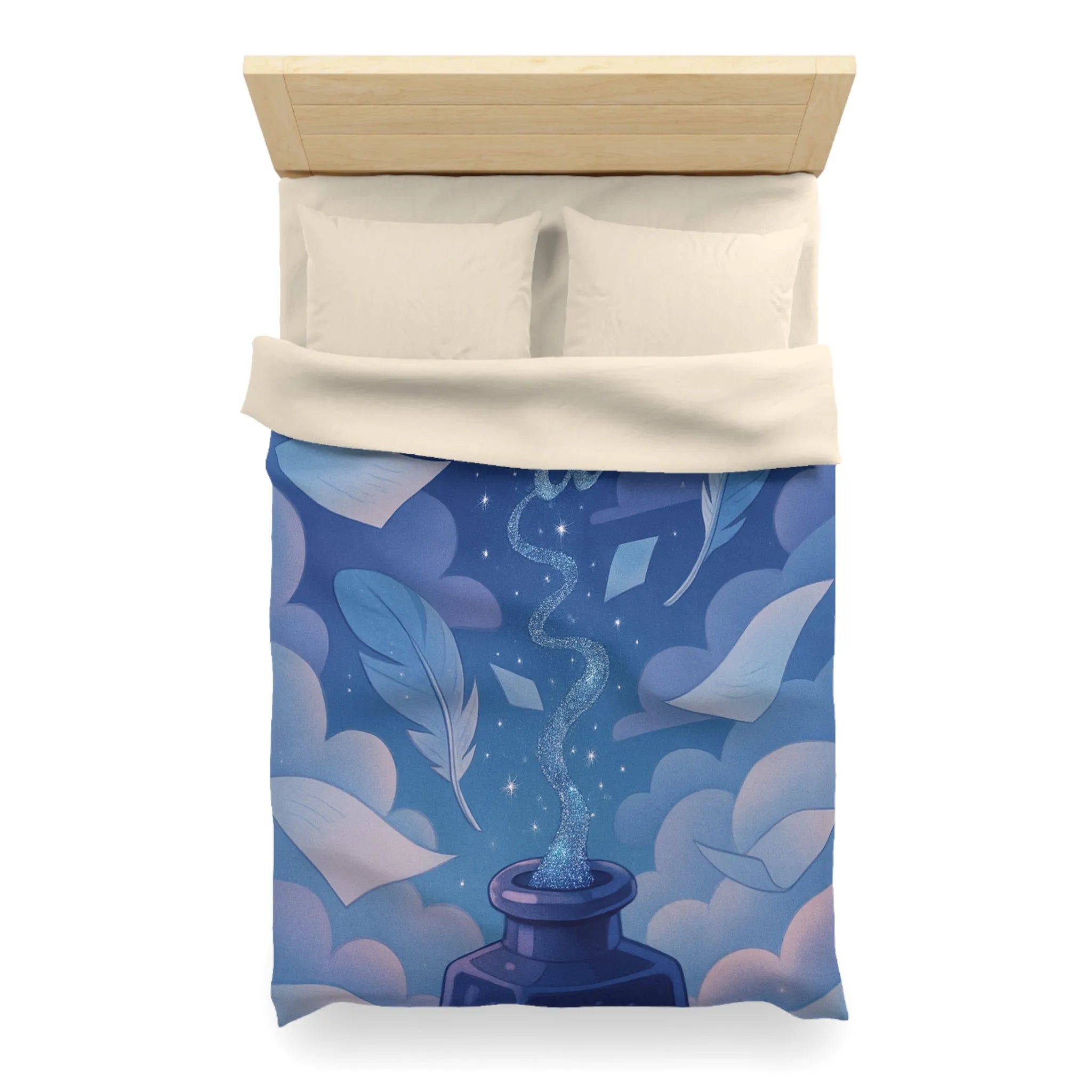Housse de couette magique avec encre flottante, plumes et nuages rêveurs bleutés