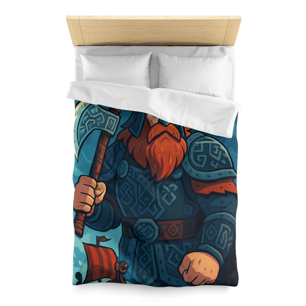 Housse de Couette Viking Illustrée avec Guerrier et Drakkar sur Fond Océan Tempétueux