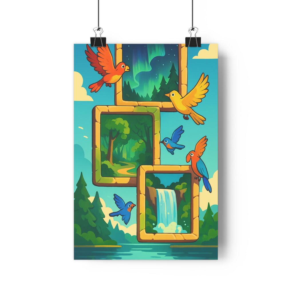 Poster décoratif cartoon coloré nature joyeux salon chambre forêt cascade oiseaux apaisant vert jaune